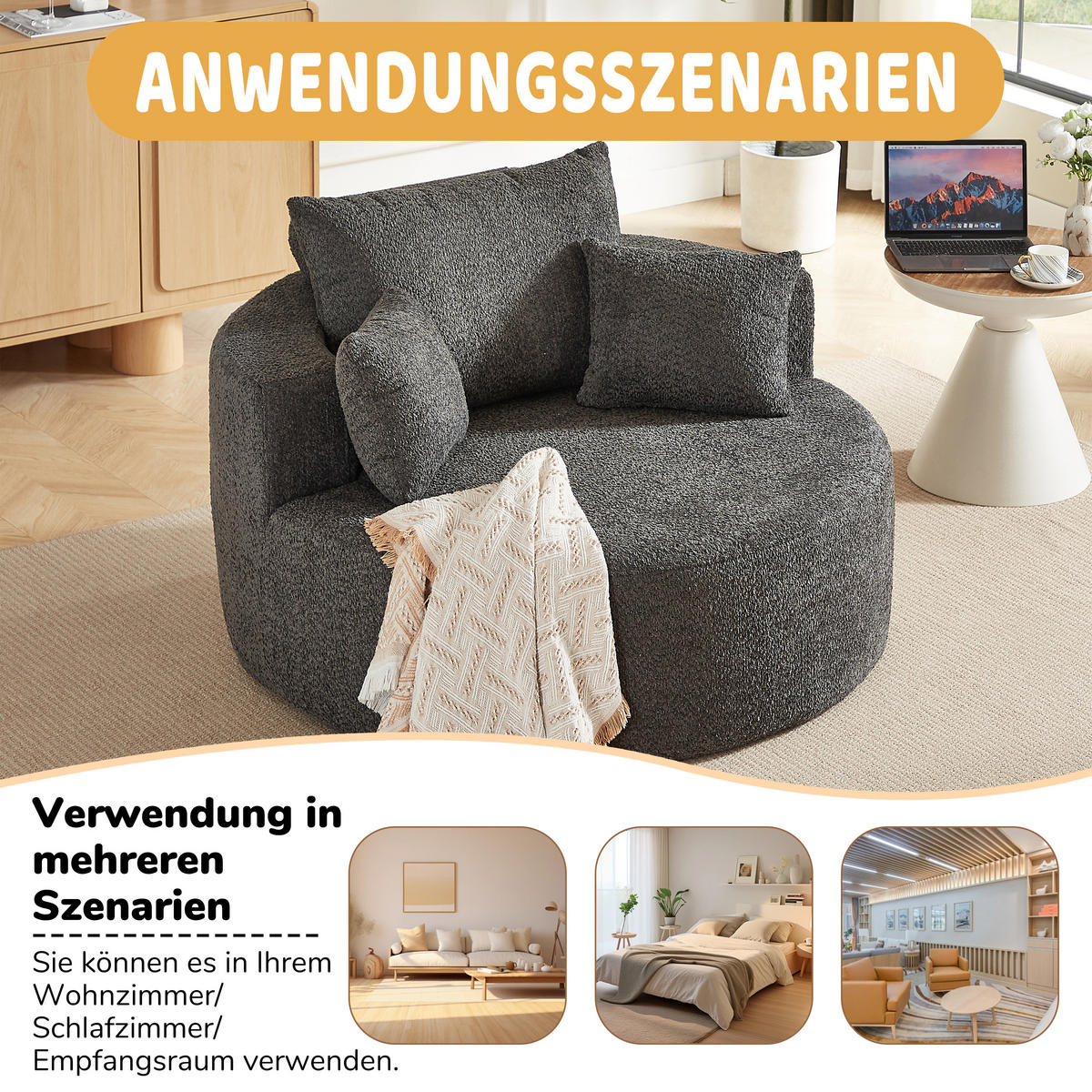 SESSEL XXL 127x127 cm Grau aus Chenille, Keine Montage - Grau, Textil (127/85/127cm) - Urban Meuble