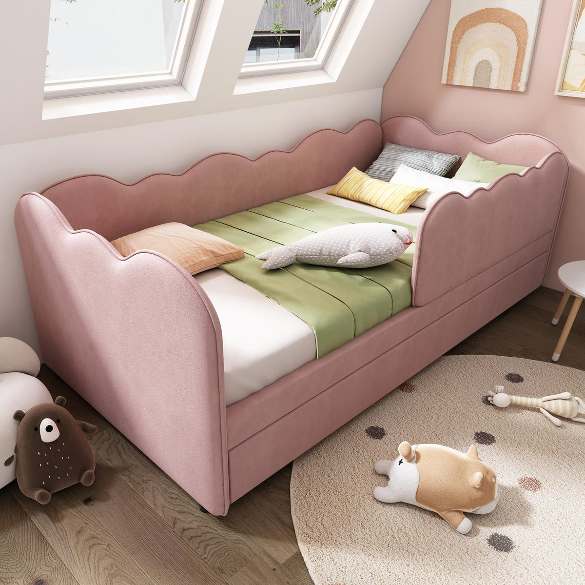 KINDERBETT Polsterbett 90/190 cm aus Samt mit Ausziehbett Rosa - Rosa, Textil (90/190cm) - Modenvie