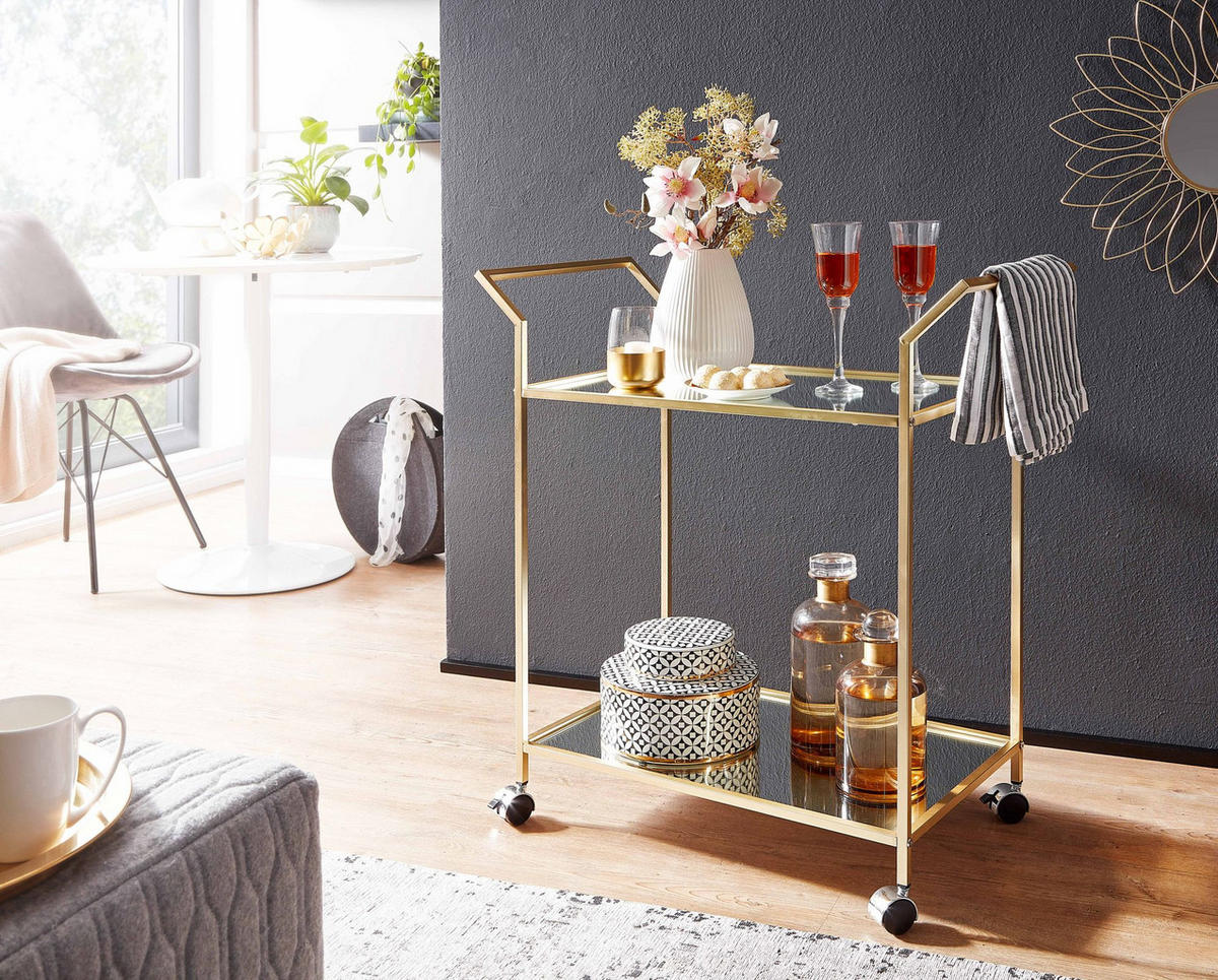 SERVIERWAGEN – Gold, Verspiegelte Ablagen, auf Rollen - Goldfarben, Glas/Metall (73/78/37cm) - KADIMA DESIGN