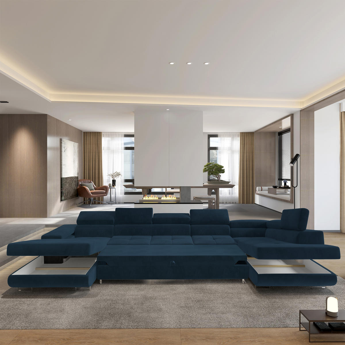 WOHNLANDSCHAFT TORIVA R-S Blau Velours-Stoff mit Schlaffunktion - Blau, Holz (418/90/202cm) - MASSENO