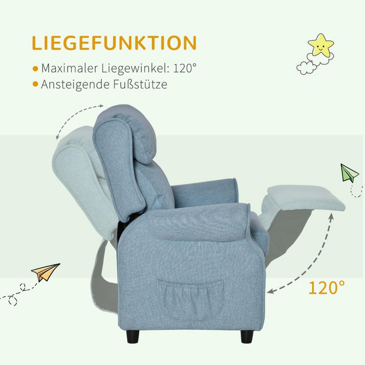 KINDERSOFA mit Fußstütze verstellbare Rückenlehne Blau - Blau, Holz (53/70/58cm) - BursDany