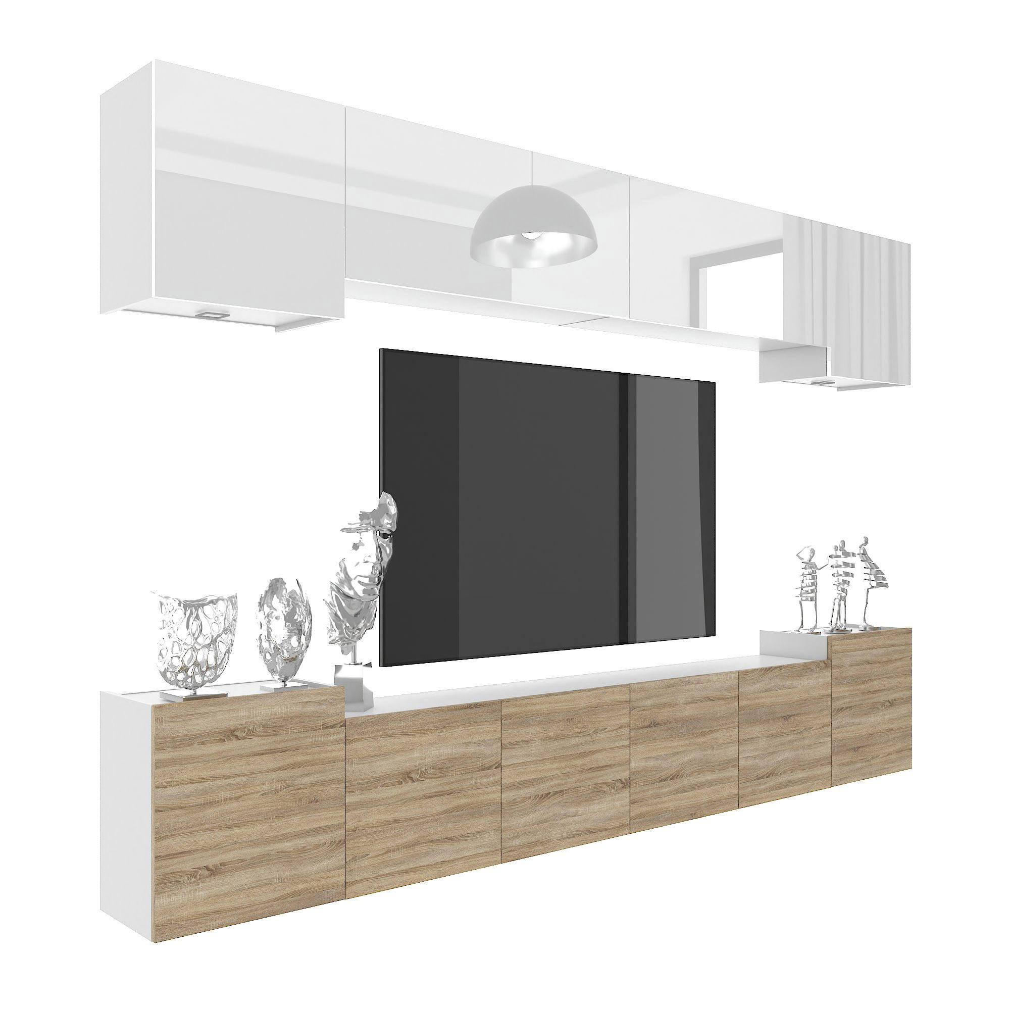 WOHNWAND Milano 4, Weiß/Sonoma Eiche, 300 cm, Grifflos - Weiß, Holz (300/60/36cm) - B BELINI GROUP
