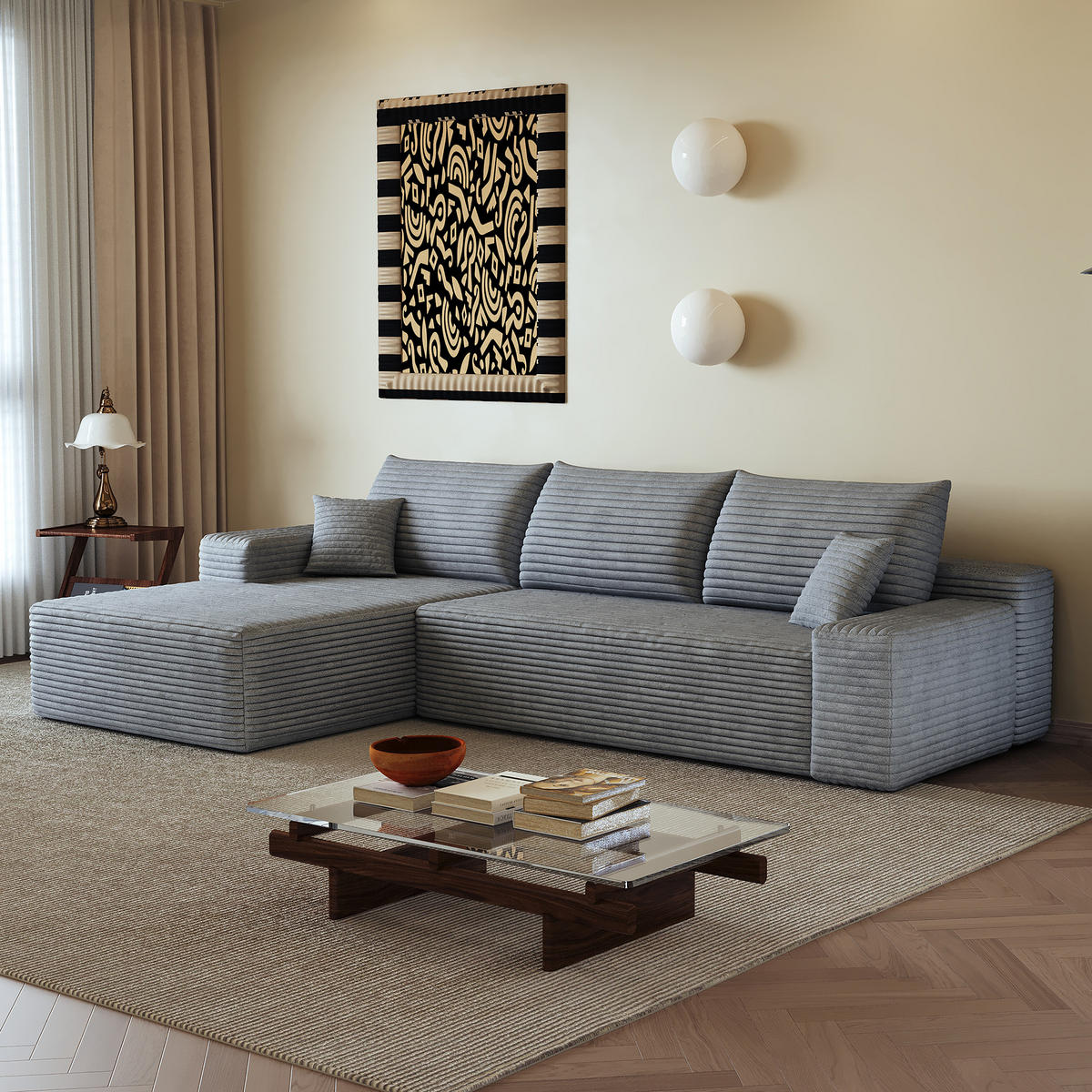 ECKSOFA 270/175/83 cm Grau Cord mit Chaiselongue, Linke Seite - Grau, Textil (270/175cm) - Oxeza