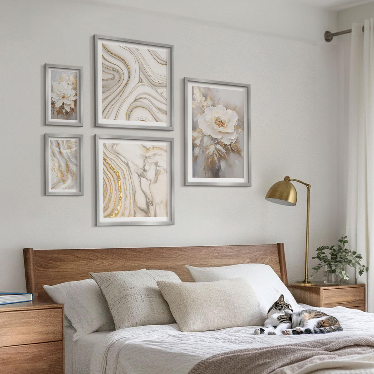 BILDER SET 5er Set - 50x50 cm & 20x30 cm & 40x60 cm Silberner Rahmen - Subtile abstrakte Muster - Silberfarben, Kunststoff (40/60cm) - TULUP