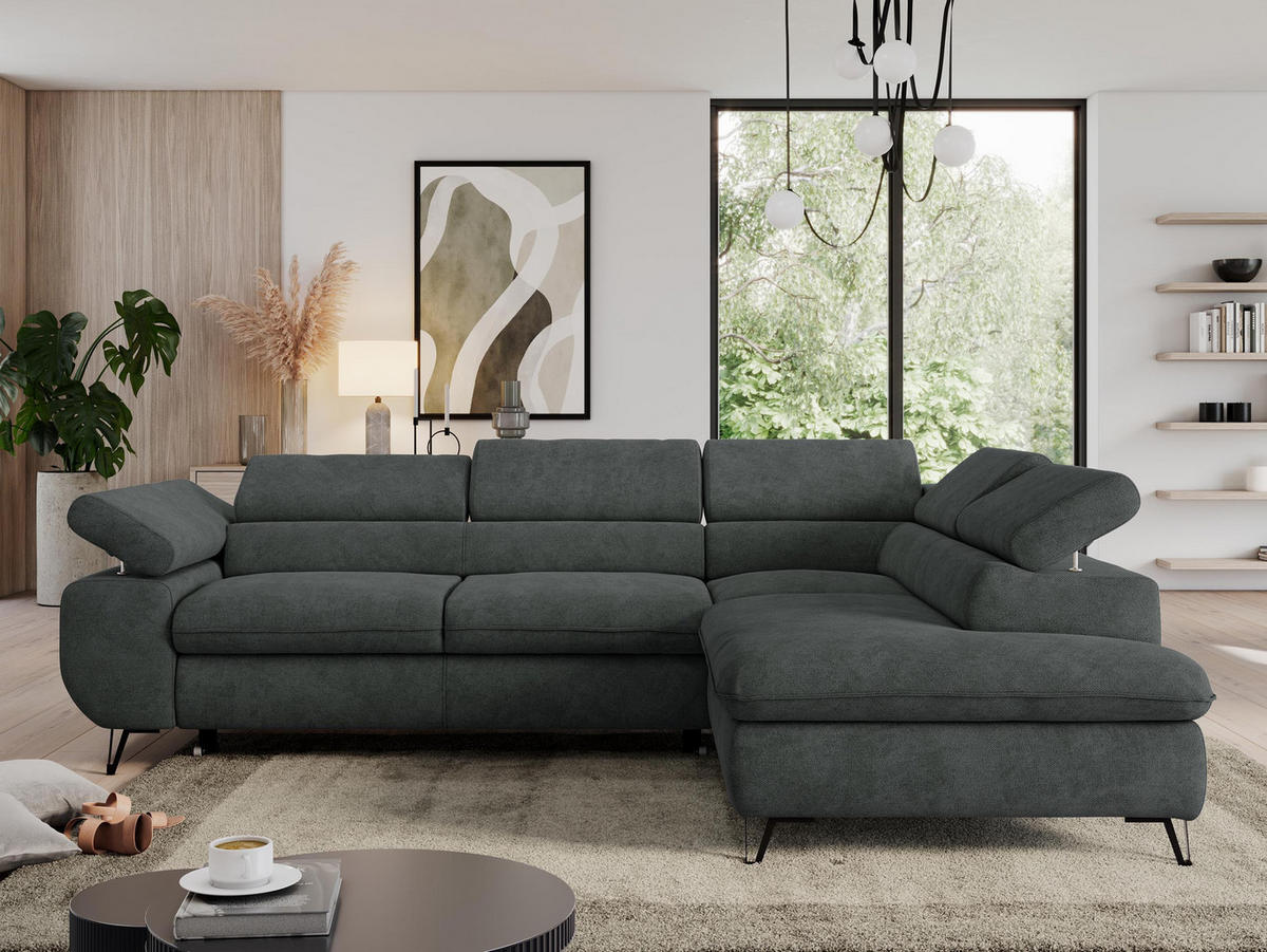 ECKSOFA PEDRO L Dunkelgrau Struktur - Rechts Seite - Dunkelgrau/Schwarz, Textil/Metall (273/208cm) - MKS