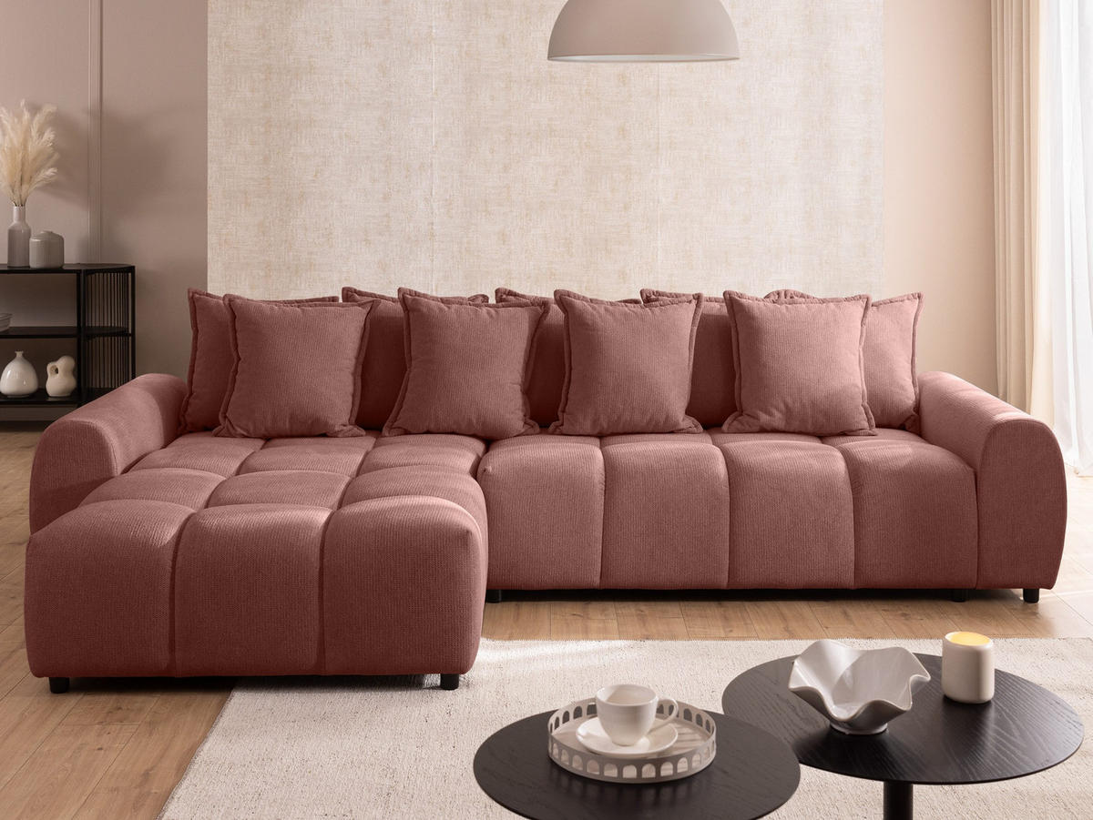 ECKSOFA Bubble mit losen Rückenkissen und Sitzfläche in Bubble-Optik aus weichem Terrakotta Strukturstoff mit schöner Sitzkomfort - Ottomane links - Terracotta/Schwarz, Holz/Kunststoff (180/306cm) - S-Style Möbel