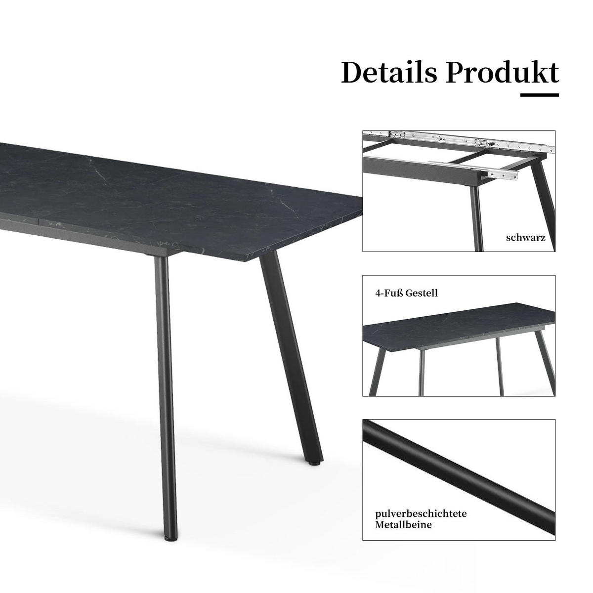 ESSTISCH MARA 120-160/80/76 cm Marmor Schwarz ausziehbar - Schwarz, Holz (80/120/76cm) - B&D Home