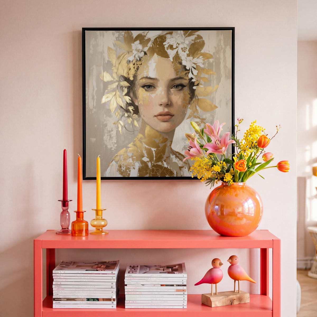 LEINWAND Bilder mit Rahmen - Gesicht - Frau - Blätter - Gold - 50x50 - Beige, Textil (50/50cm) - MuchoWow