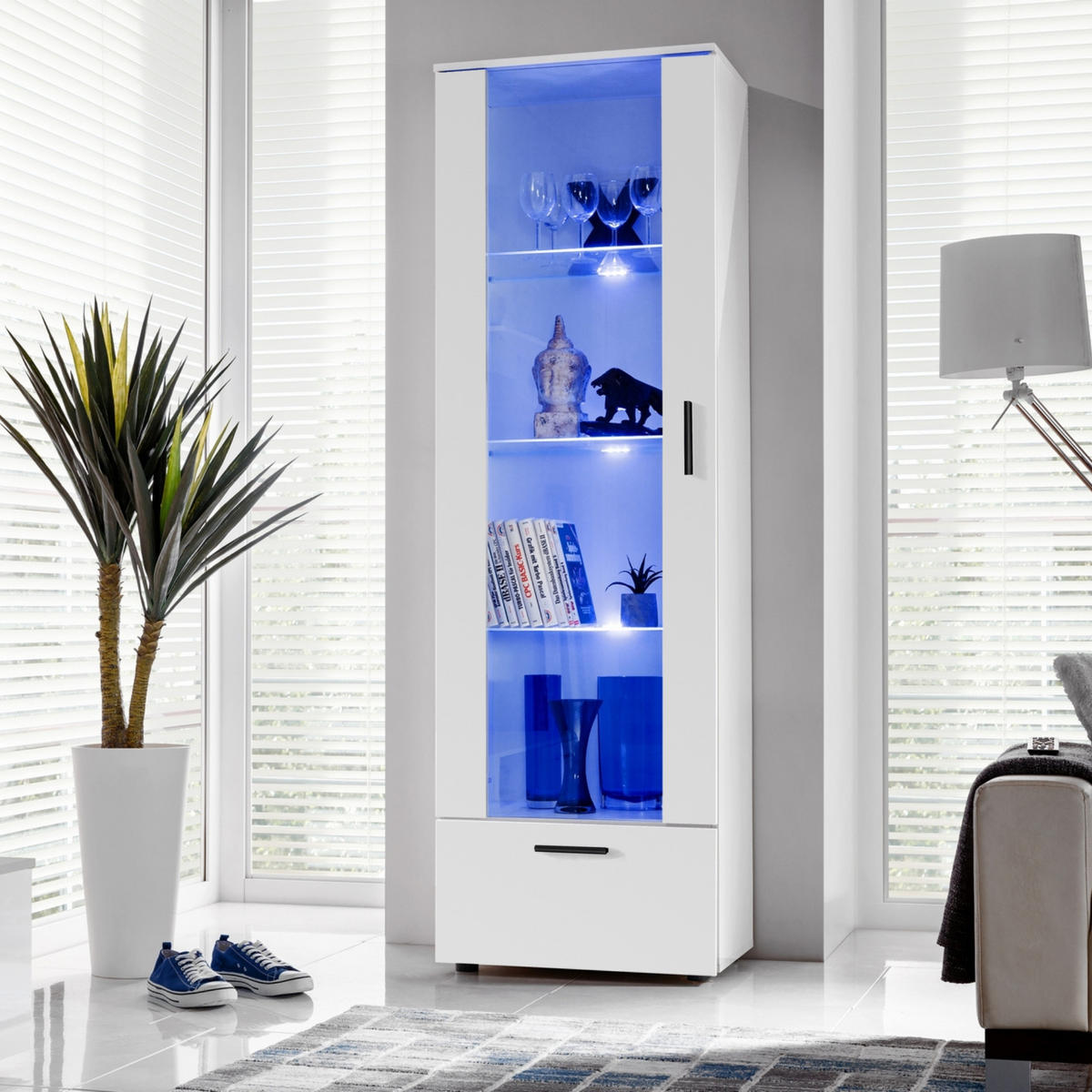 VITRINE ALESSANDRIA, Weiss, LED Blau - Schwarz/Weiß, Glas/Holzwerkstoff (60/192/42cm) - Komodee