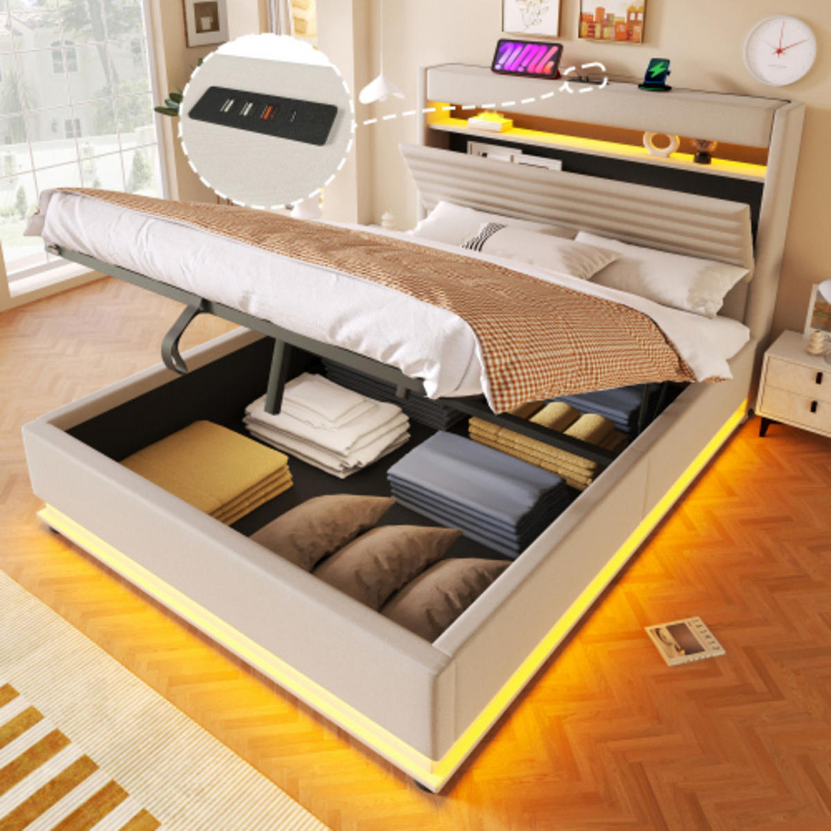 POLSTERBETT beige 218×142×113 cm aus Leinen-Stoff mit Hydraulikbettkasten, zweiseitigen LED-Leisten - Beige, Textil (140/200cm) - Luhomfu