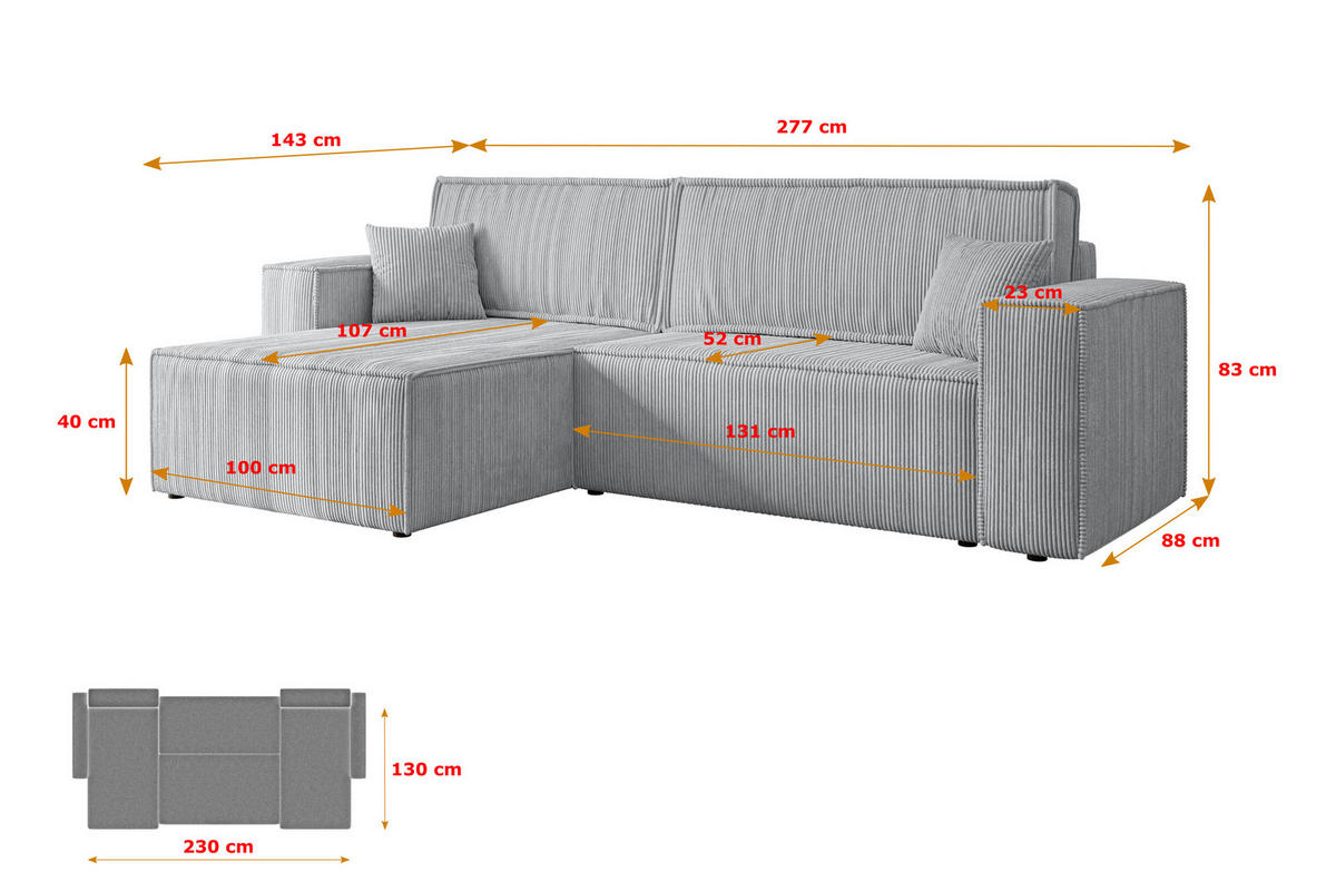 ECKSOFA mit Schlaffunktion und Bettkasten CELTIC-XL - 277x143x83 cm Grau Cord - Schwarz/Grau, Holzwerkstoff/Kunststoff (277/143cm) - ALTDECOR