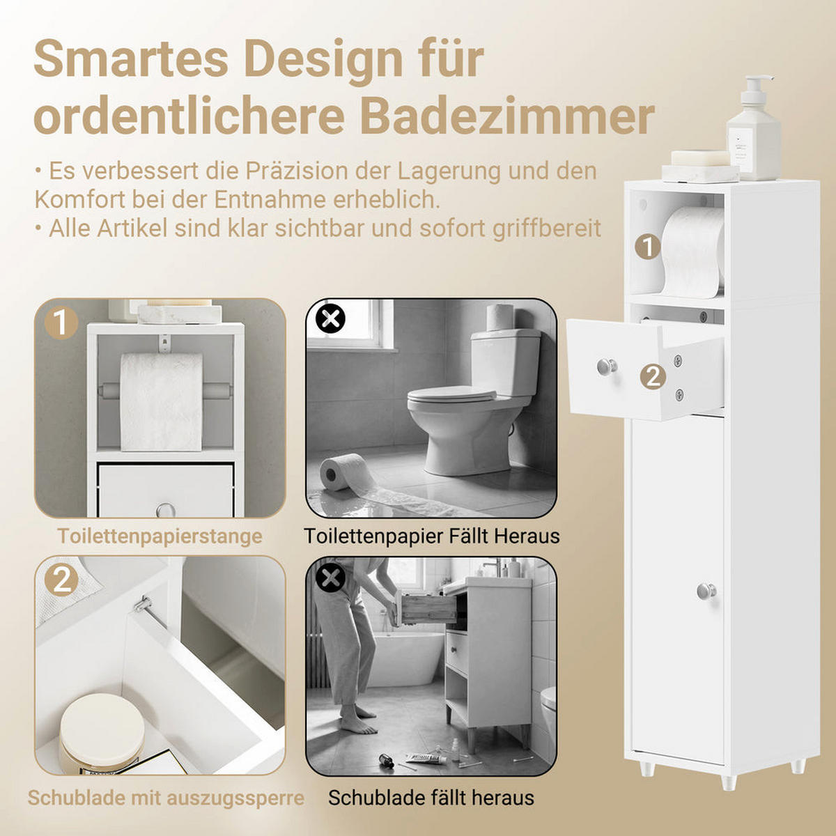 BADEZIMMERSCHRANK mit Toilettenpapierhalter schmal 20cm Weiß BZR219-W - Weiß, Holzwerkstoff (20/85/20cm) - SoBuy