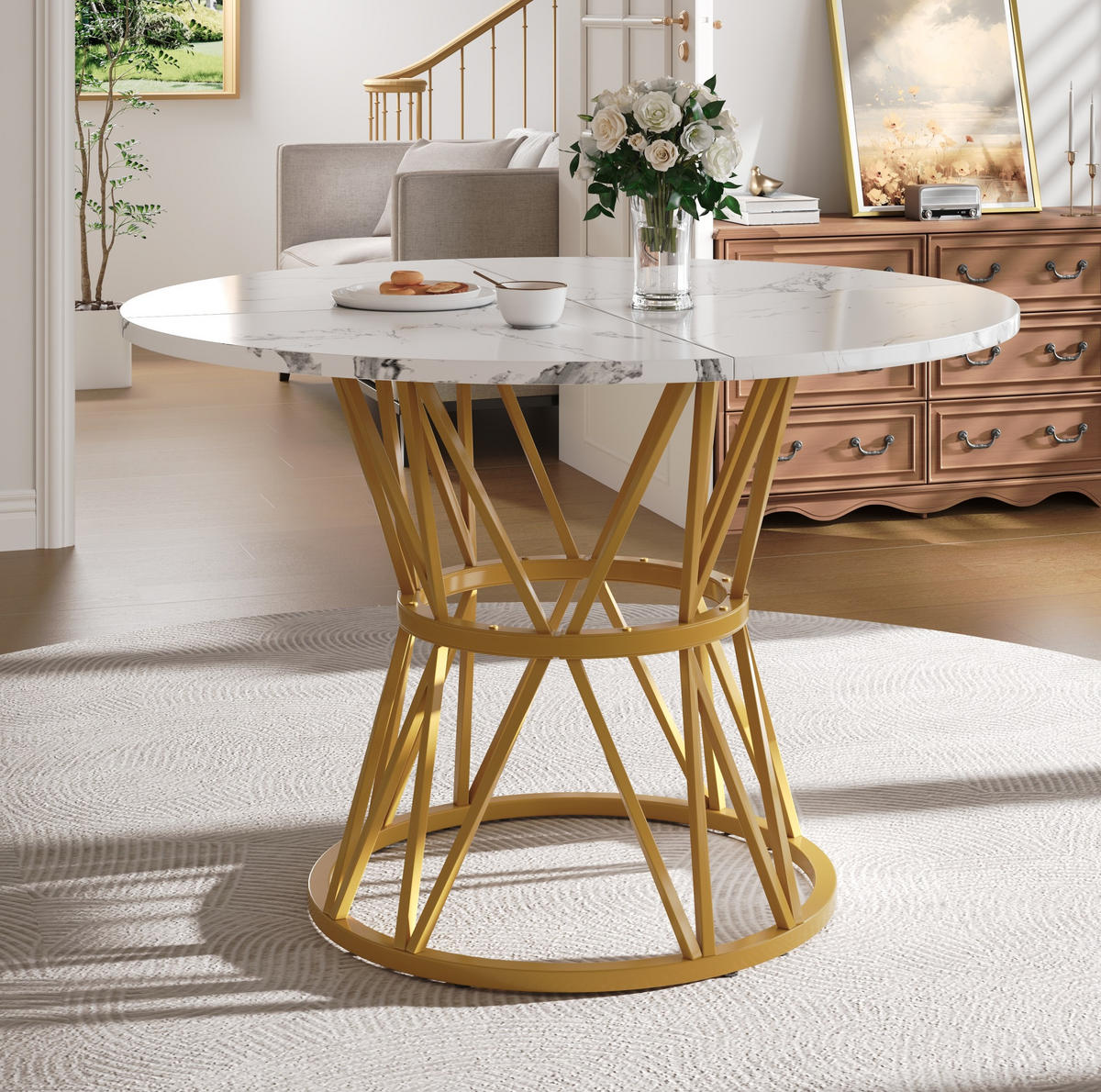 ESSTISCH 100x100x76 cm in Weiß und Gold aus MDF mit Marmoroptik auf goldenem Metallgestell - Goldfarben, Holzwerkstoff (100/100/76cm) - Modfu