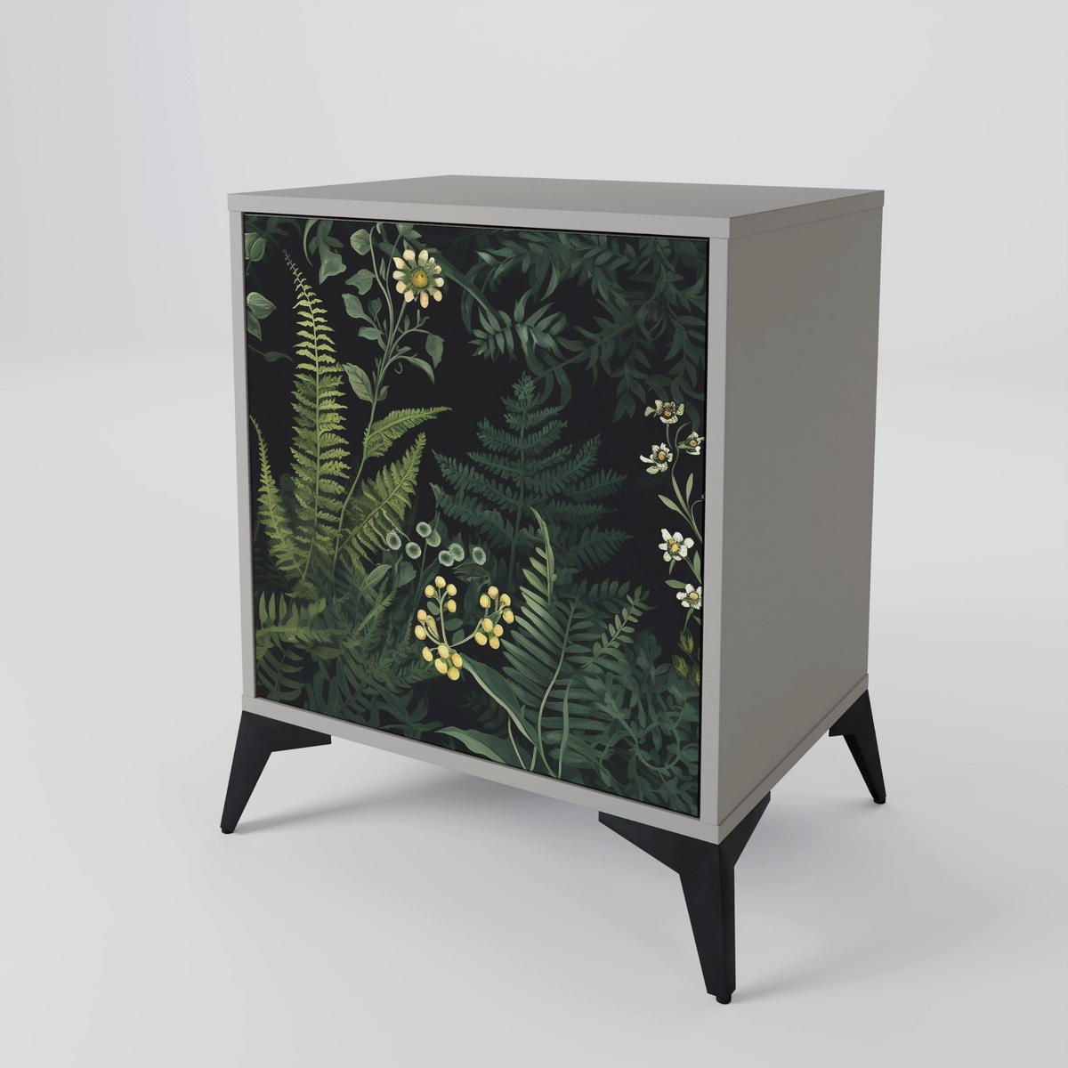 SIDEBOARD FERN FLOWERS, Grau, 57,5x42x67,5 cm, Schwarze Metall-Rahmenfüße - Multicolor/Schwarz, Holzwerkstoff/Metall (57.5/67.5/42cm) - SpaceRebels
