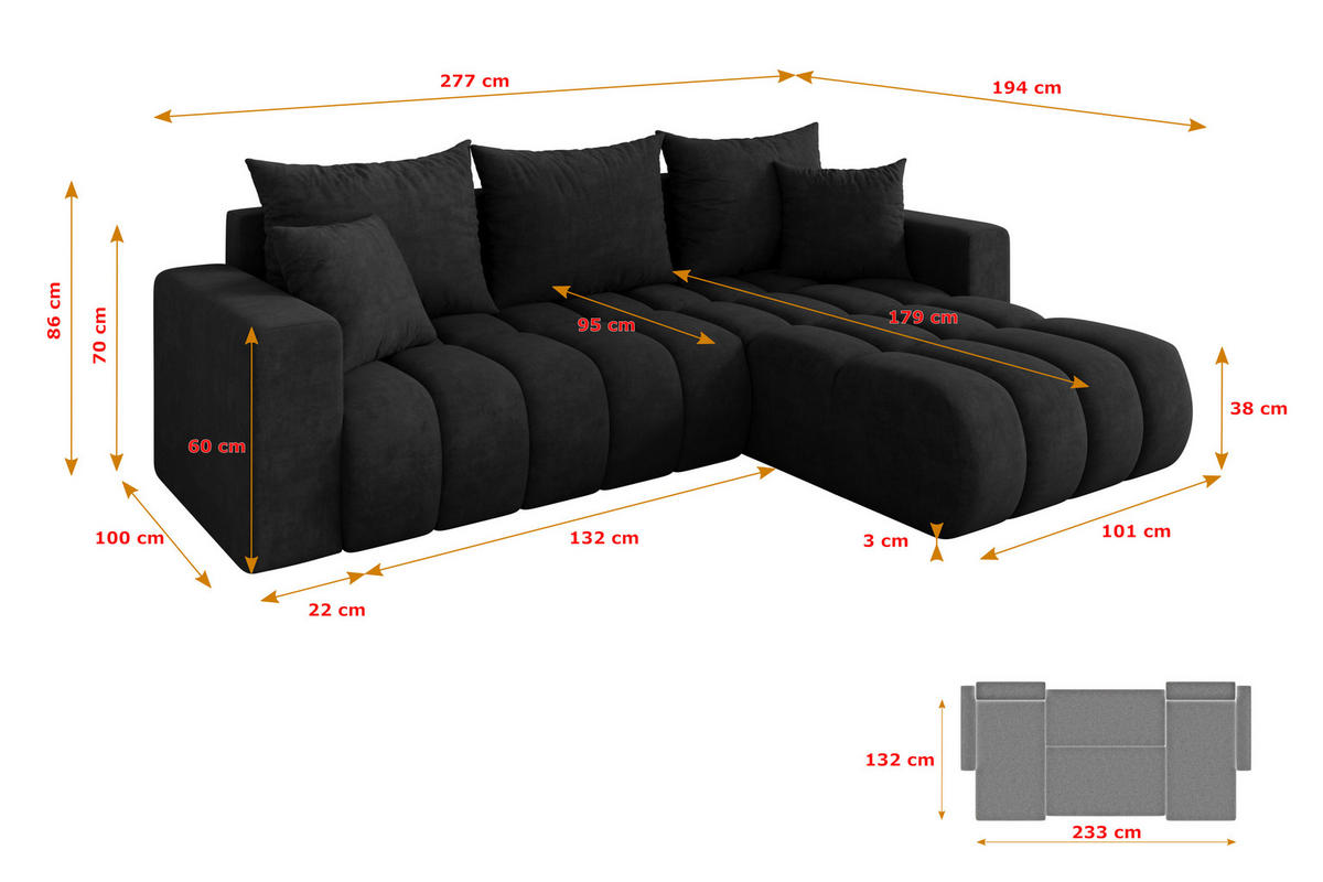 ROHOVÁ SEDAČKA s funkcí spaní, otoman vpravo MILA-L-v1 277x195x86 černá velur - černá, kompozitní dřevo/textil (277/194cm) - ALTDECOR