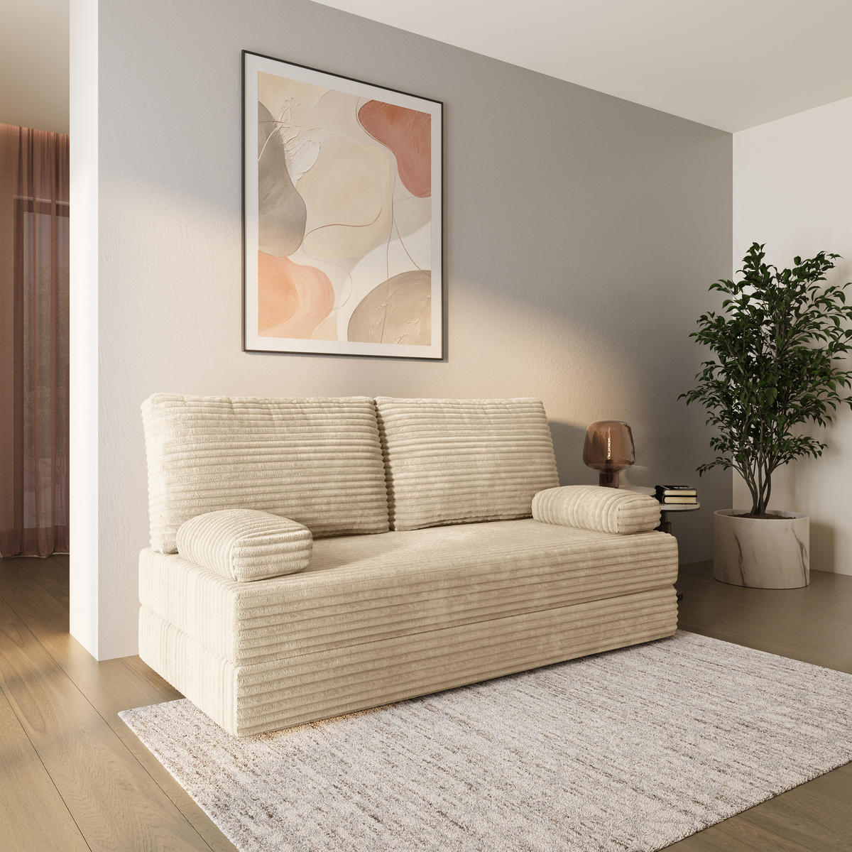 BETTSOFA SILAR aus Schaumstoff Cordstoff Creme Schlaffunktion - Creme, Textil (170/86/80cm) - MASSENO