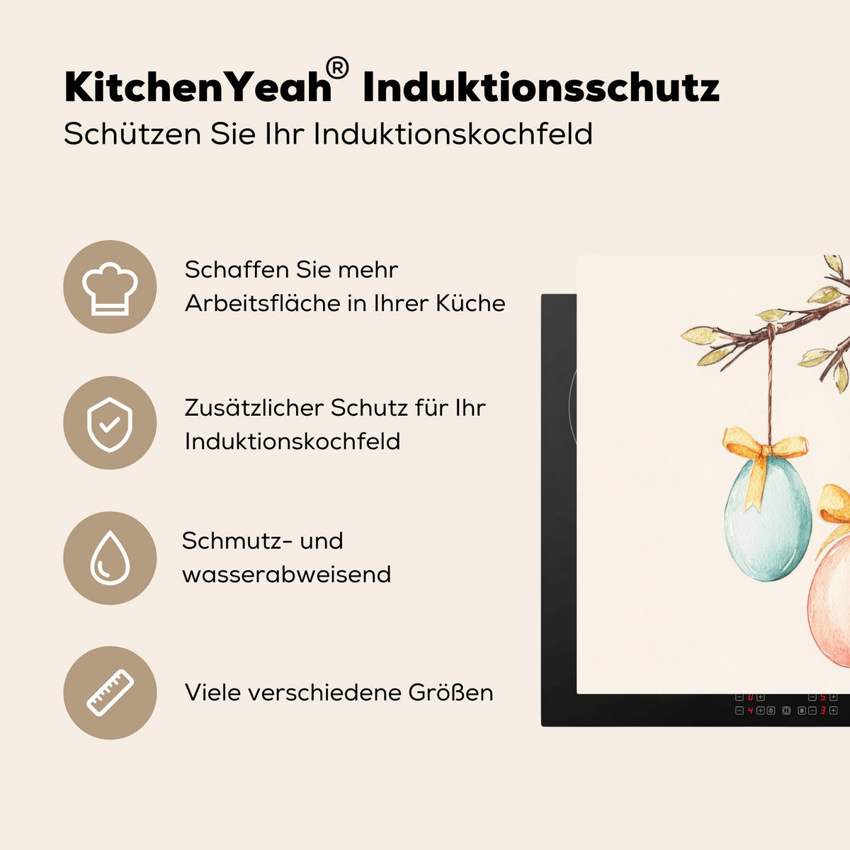 HERDABDECKPLATTE Osterkuchen - Schleife - Eier Induktionsmatte 77x59 cm - Creme, Kunststoff (77/59/0.2cm) - MuchoWow