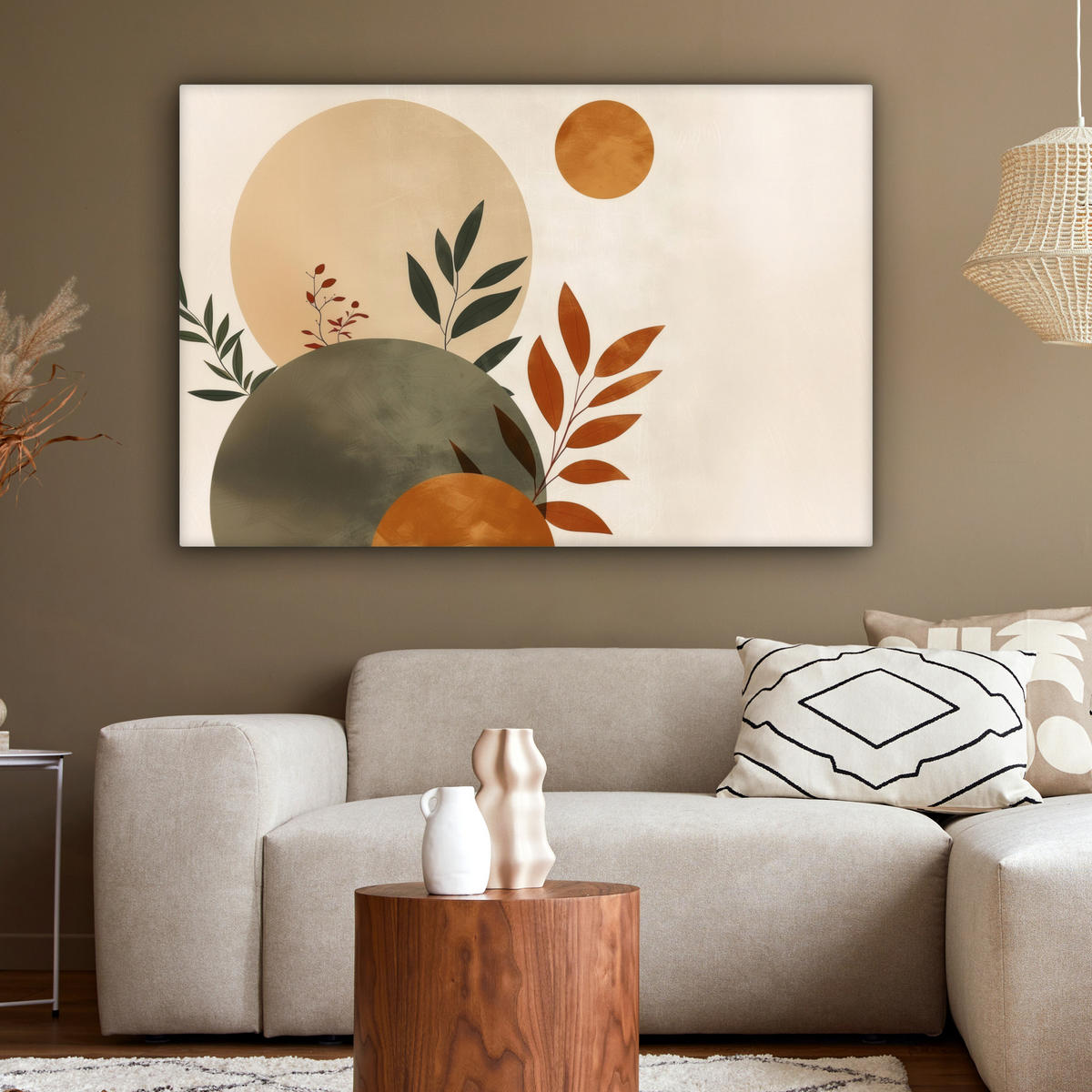 LEINWANDBILD Formen - Rund - Blätter - Beige XXL 150x100 cm - Rostfarben, Textil (150/100cm) - MuchoWow