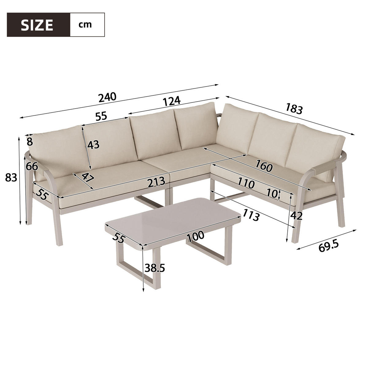 ZAHRADNÍ rohová sedací souprava z pozinkované oceli a polyesteru 240x183x83 cm béžová s konferenčním stolkem - béžová, kov - Modfu