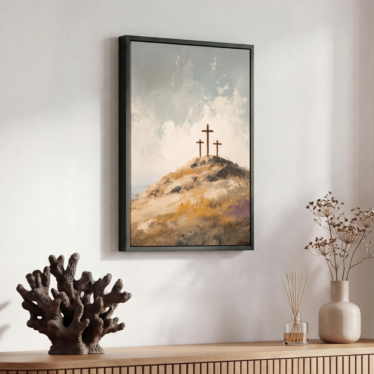 LEINWAND Bilder mit Rahmen - Hügel - Abstrakt - Christentum - Kreuz - 30x40 - Hellgrau, Textil (30/40cm) - MuchoWow