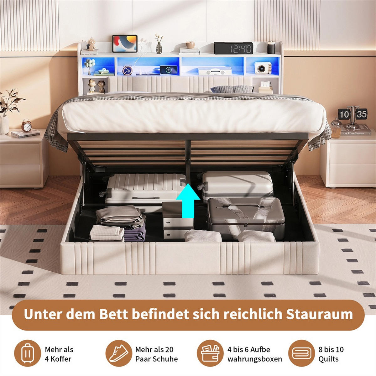 POLSTERBETT 140x200 cm mit LED-Beleuchtung - Kopfteil-Stauraum, Ladestation und hydraulischem Stauraum - Beige - Beige, Textil (140/200cm) - DELFA