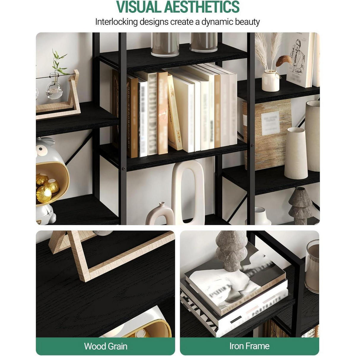 BÜCHERREGAL 6 Etagen Schwarz mit Holzmaserung 24 x 152 x 186 cm - Schwarz, Holzwerkstoff (152/186/24cm)
