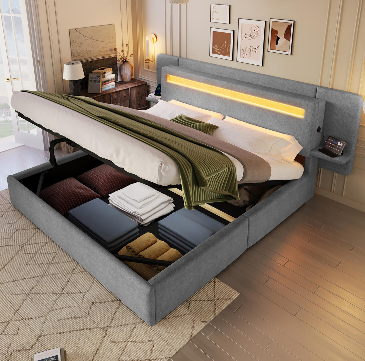 POLSTERBETT aus MDF und Leinen 180x200 cm Grau mit Bettkasten, LED-Beleuchtung, Nachttisch und USB-Anschluss - Grau, Textil (180/200cm) - Modfu