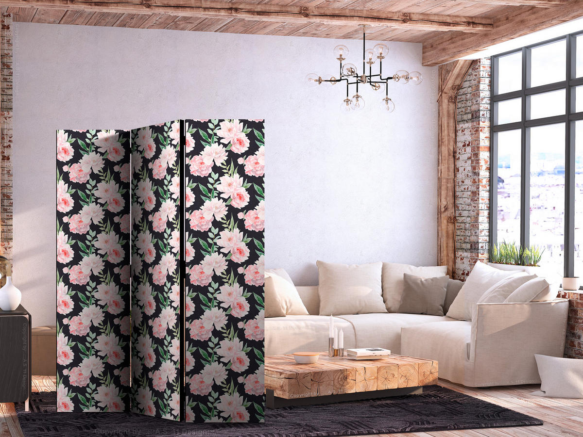PARAVENT Einseitig Bedruckter 3-tlg 135x172 cm Pfingstrosen Blumen - Multicolor, Holz/Textil (135/172/3cm) - Muralo