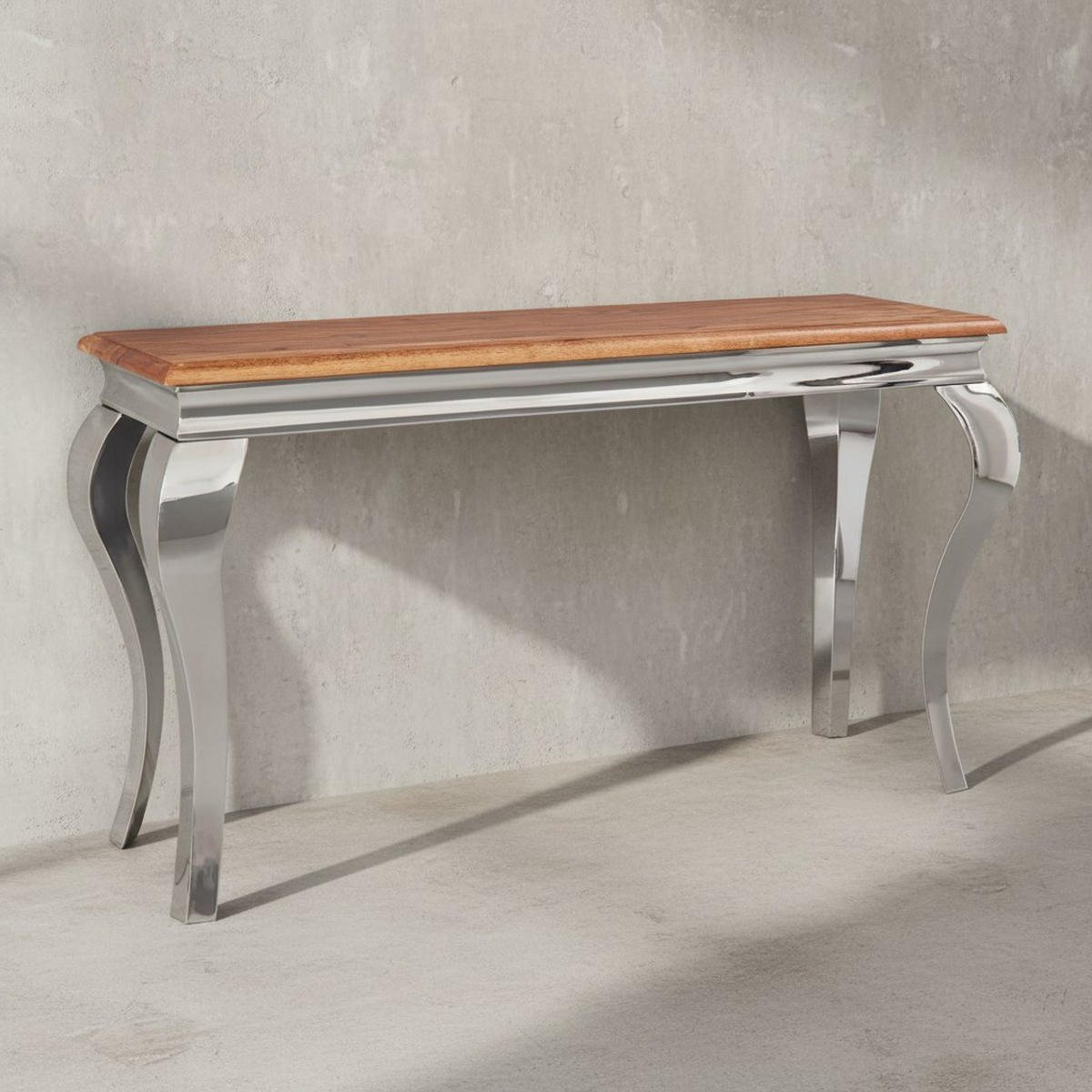 KONSOLENTISCH – Massivholz, 130 cm breit, silberne Beine, 2,5 cm Plattendicke - Silberfarben, Holz/Metall (42/130/76cm) - KADIMA DESIGN