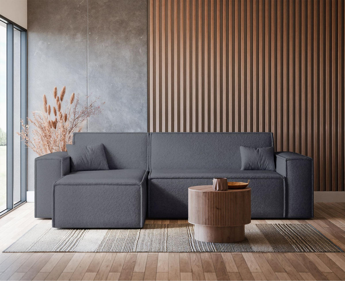 ECKSOFA Scarlo Dunkelgrau Bouclé-Bezug - Dunkelgrau/Schwarz, Kunststoff/Textil (244/145cm) - Selsey