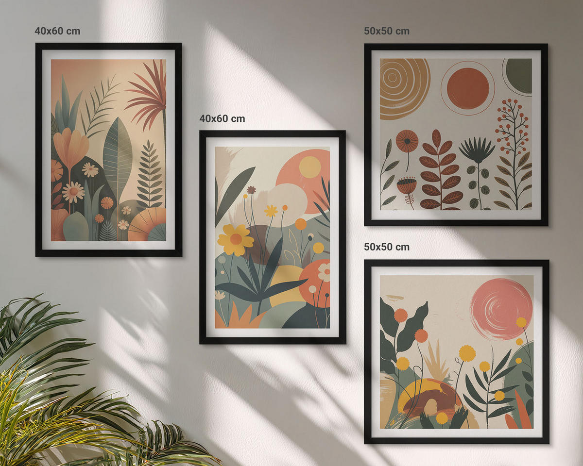 WANDBILDER 4er-Set - 50x50 cm & 40x60 cm Schwarzer Rahmen - Boho-Pflanzenmuster - Schwarz, Kunststoff (50/50cm) - ArtPrintCave