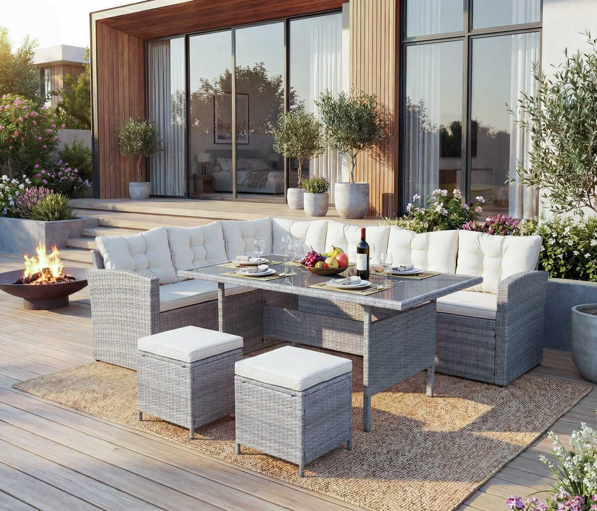 POLY-RATTAN-GARNITUR Hellgrau - Hellgrau, Kunststoff - MCW