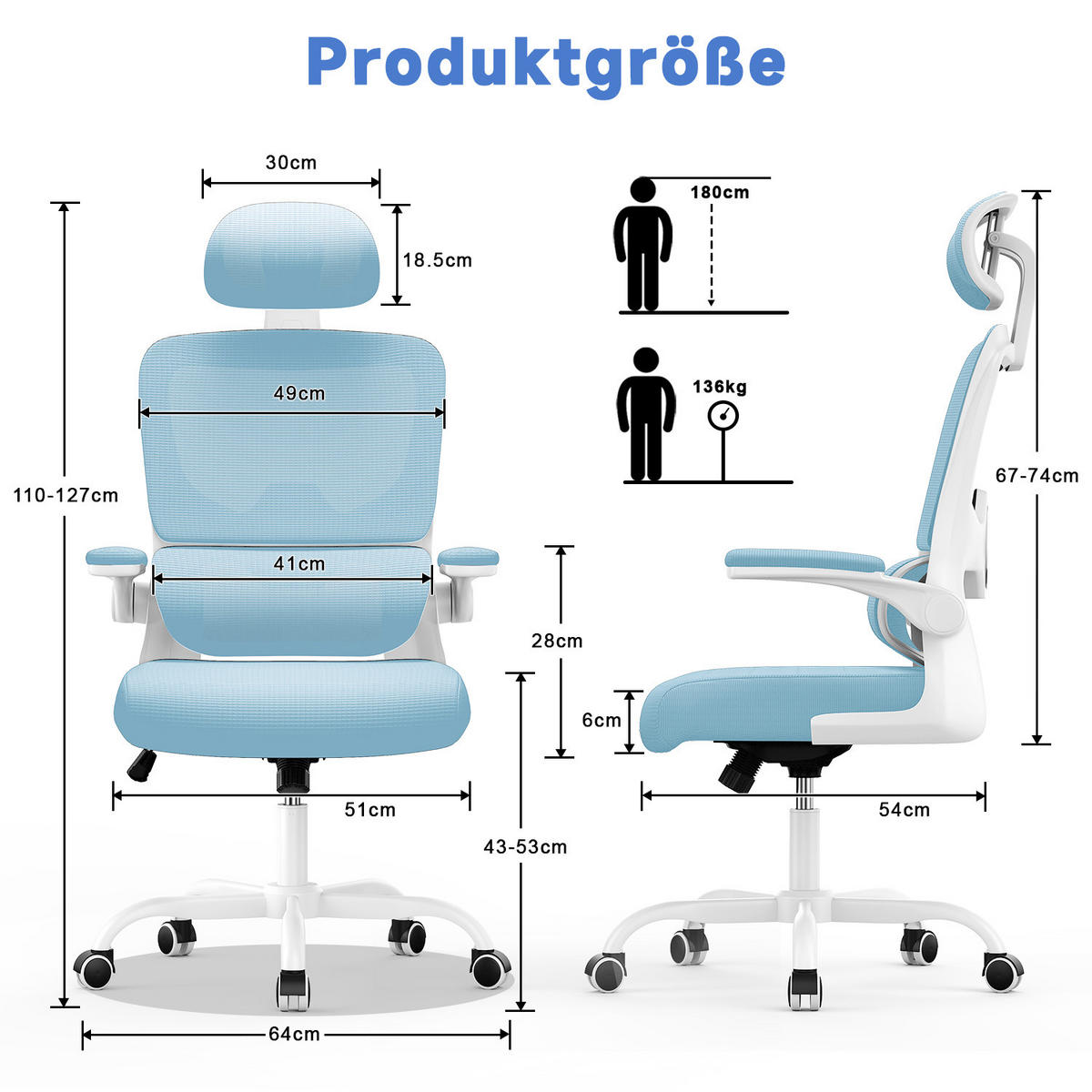 COMPUTERSTUHL drehbar, Wippfunktion – Blau - Blau, Metall (54/127/54cm) - Rattantree