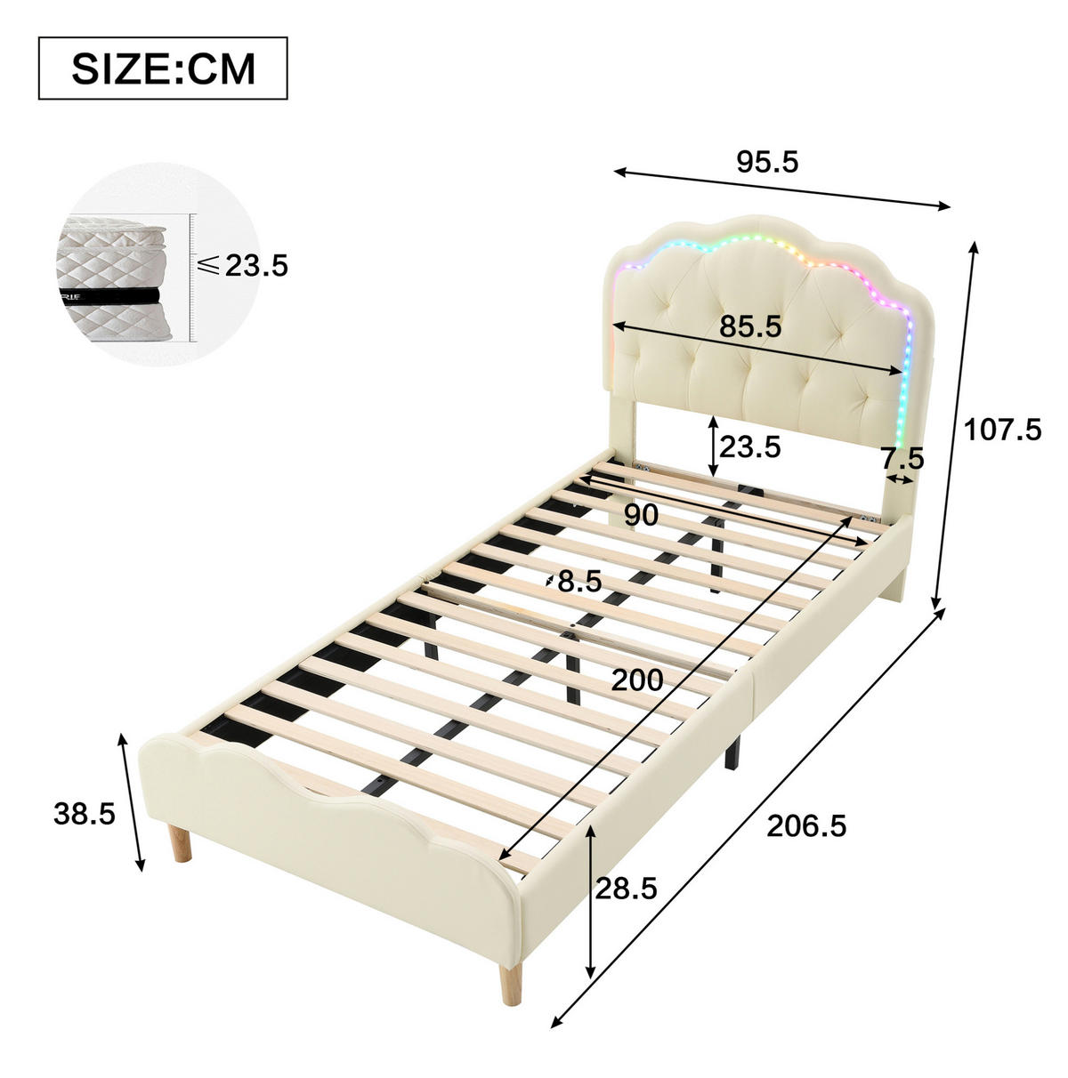 TAPECIRANI krevet 90/200 cm s valovitim uzglavljem i višebojnom LED rasvjetom, Bež - bež, plastika (90/200cm) - Redom