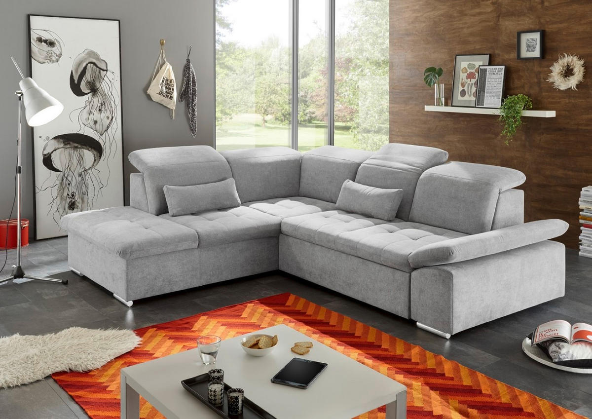 ECKSOFA mit Schlaffunktion mit Bettkasten und verstellbaren Kopf- und Rückenlehnen - Chromfarben/Silberfarben, Textil (276/240cm) - ed exciting design