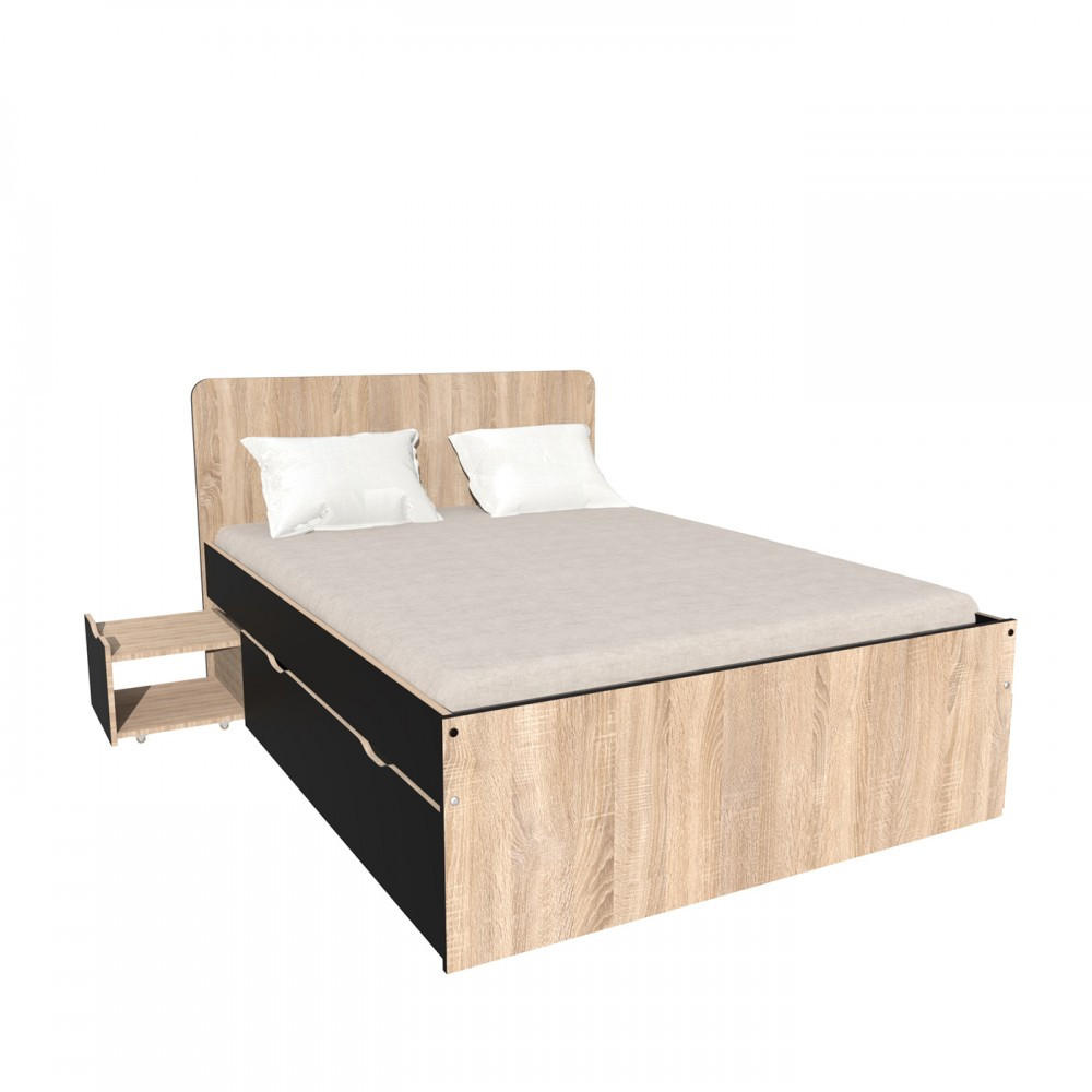 DOPPELBETT ZENIA / Bett 140x190 + 2 Konsolen + 2 Schubladen - Eiche gebleicht & schwarz - Schwarz, Holzwerkstoff (140/190cm) - Weber Industries