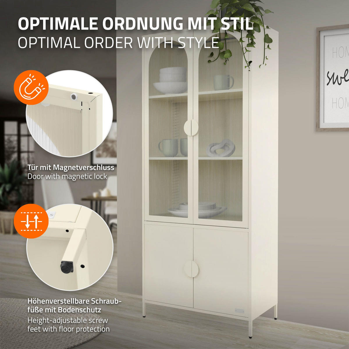 VITRINENSCHRANK 80x185x40 cm Creme aus Stahl mit 4 Türen - Beige, Metall (80/185/40cm) - ML-DESIGN