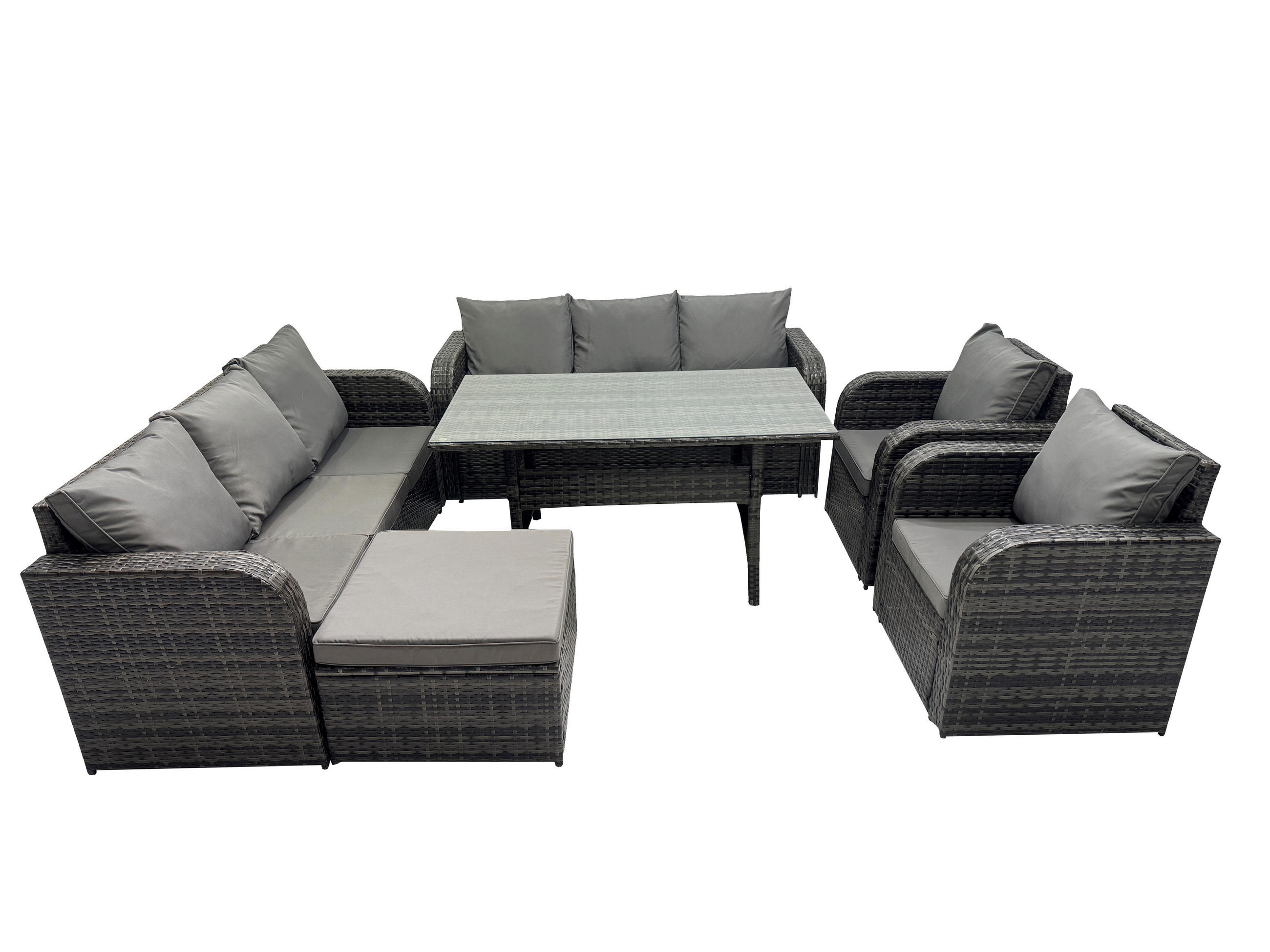 GARTENTISCHGRUPPE mit Hocker Polyrattan Dunkelgrau 9-Sitzer - Dunkelgrau/Grau, Glas/Kunststoff - Fimous