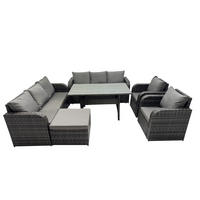 GARTENTISCHGRUPPE mit Hocker Polyrattan Dunkelgrau 9-Sitzer - Dunkelgrau/Grau, Glas/Kunststoff - Fimous