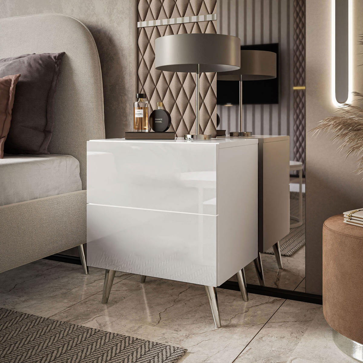 NACHTTISCH AURA LUX PUSH OPEN auf Beinen – Beinfarbe: Chrom - Weiß, Holzwerkstoff (45/55/38.5cm) - Lookway