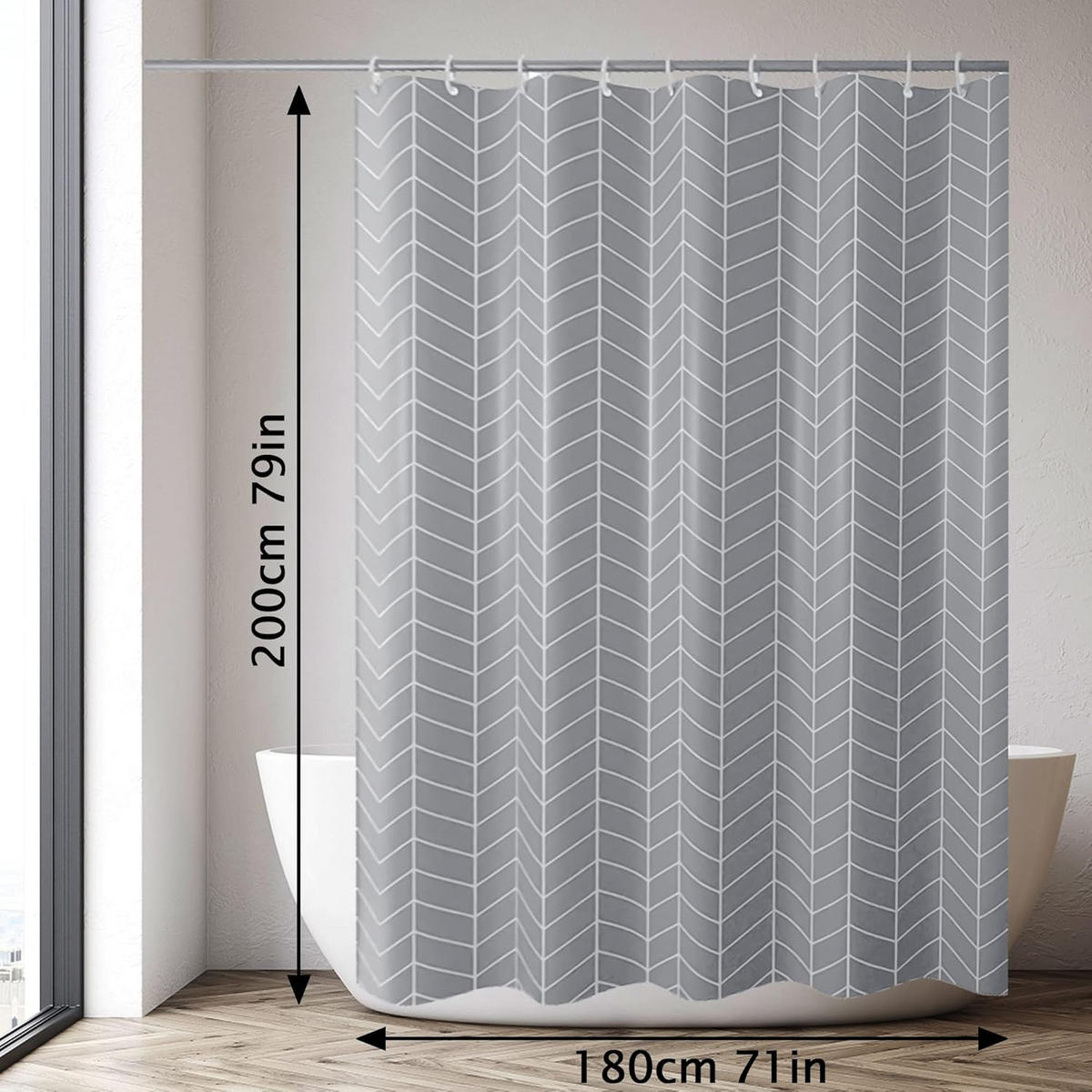 DUSCHVORHANG Stoff Polyester wasserdicht maschinenwaschbar Badezimmer mit Haken Grau - Grau, Kunststoff (180/200cm) - MCBOSON