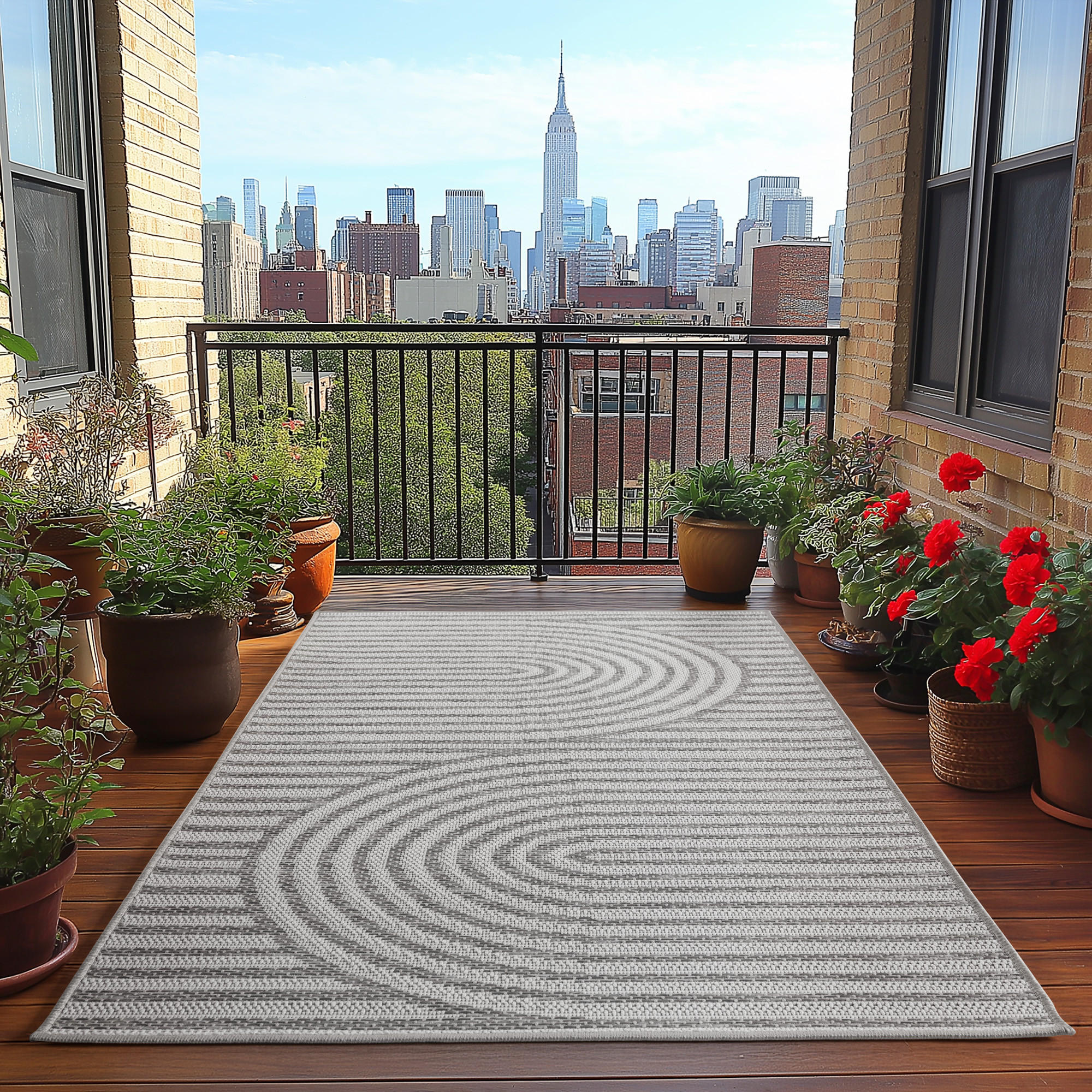 TEPPICH Outdoor Flachgewebe Boho Muster Polypropylen Balkon Grau Rechteckig 140x200 - Grau, Textil (140/200cm) - KADIMA DESIGN