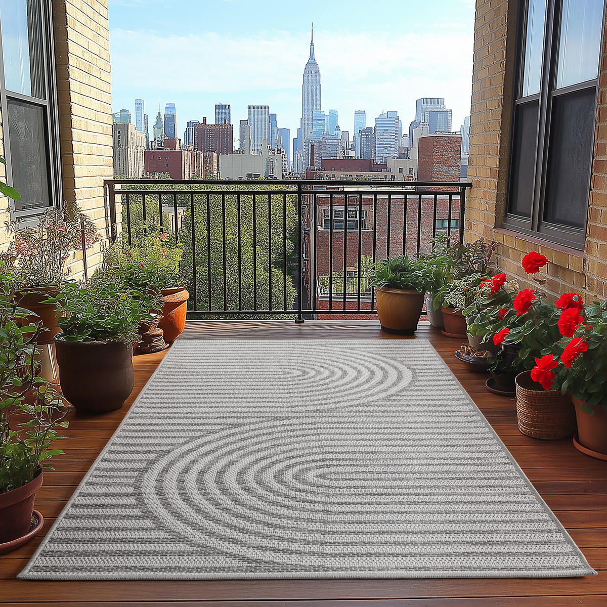 TEPPICH Outdoor Flachgewebe Boho Muster Polypropylen Balkon Grau Rechteckig 160x230 - Grau, Textil (160/230cm) - KADIMA DESIGN