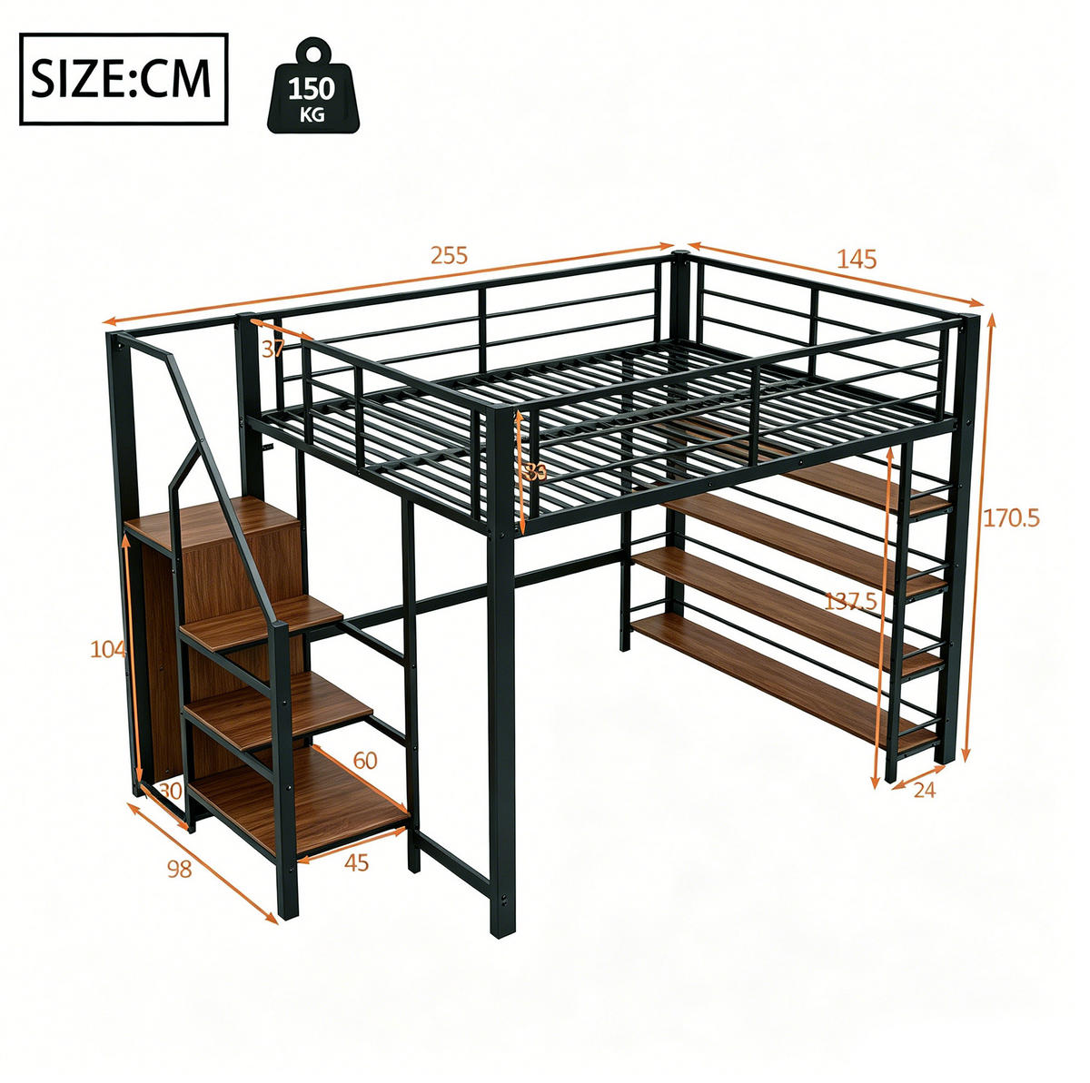 HOCHBETT 140/200 cm aus Metall mit Stauraumtreppe und Kleiderschrank, Schwarz - Schwarz, Metall (140/200cm) - OKMYHOME
