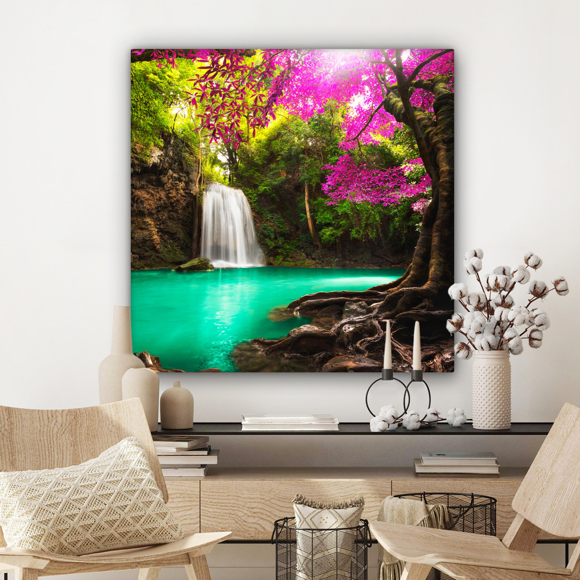 LEINWANDBILD Wasserfall mit bunten Blumen und Bäumen - Natur - Dschungel 90x90 cm - Waldgrün, Textil (90/90cm) - MuchoWow