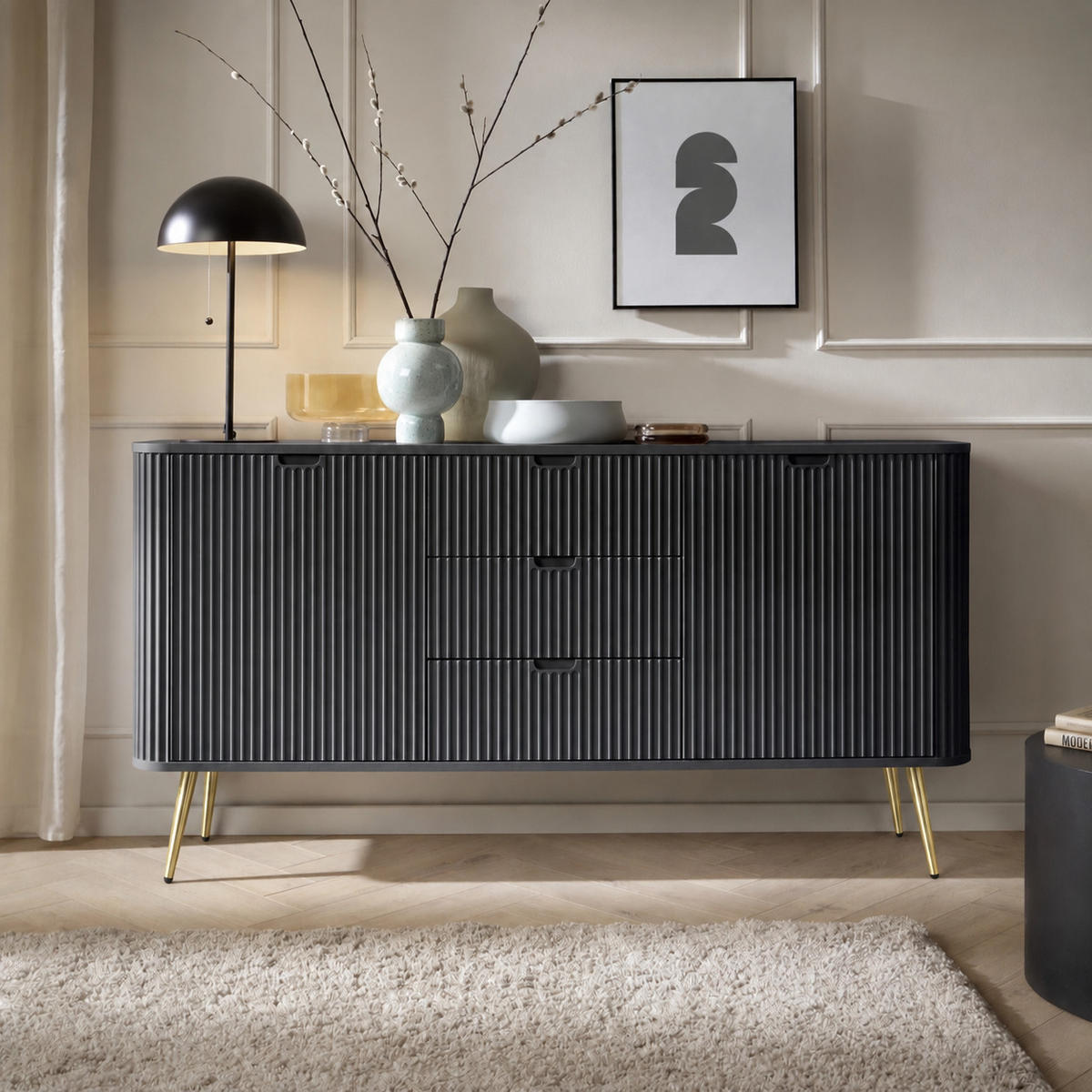 KOMMODE PORTO (Oval, Rillenfront, Schwarz Matt, Goldene Füße) - Goldfarben/Schwarz, Holz/Holzwerkstoff (168/87/39cm) - Ravio