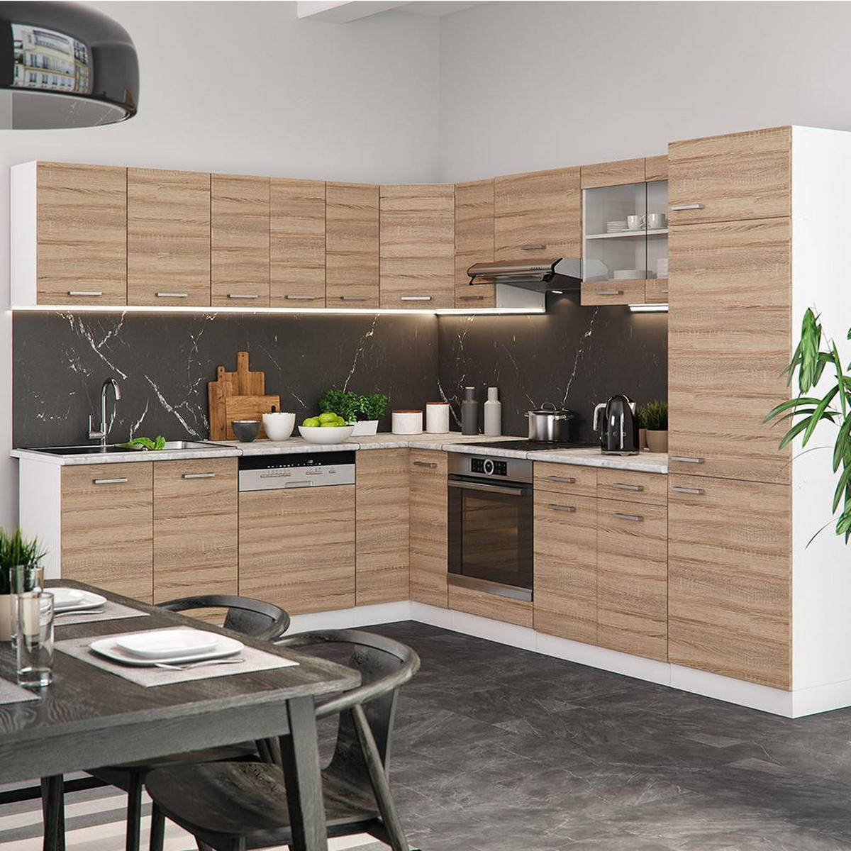 HÖRNKÖK R-Line, Sonoma/Vit, 287 x 227 cm utan bänkskiva - Vit/Sonoma ek, Träbaserade material (287/206.8/46cm) - Vicco