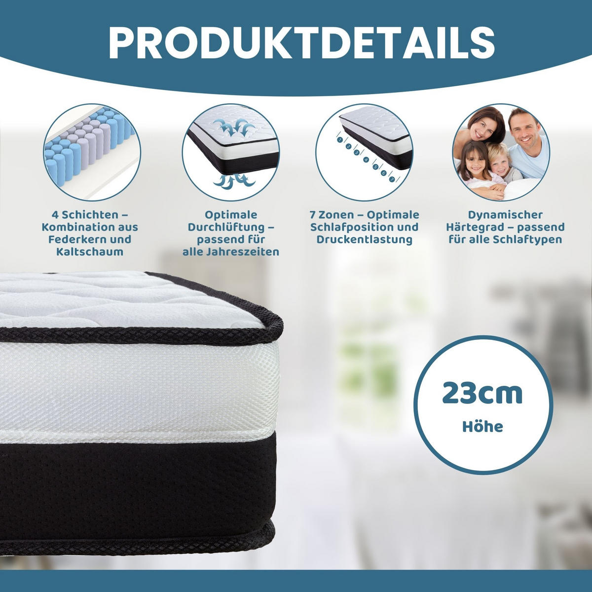 TASCHENFEDERKERNMATRATZE EMILIA HÖHE 23cm 90x200cm - Weiß, Textil/Metall (90/200cm) - Arensberger