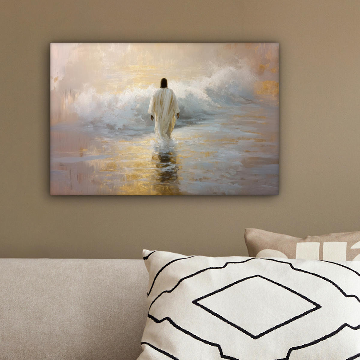 LEINWANDBILD Gemälde - Welle - Jesus - Abstrakt Deko Schlafzimmer 30x20 cm - Goldfarben, Textil (30/20cm) - MuchoWow