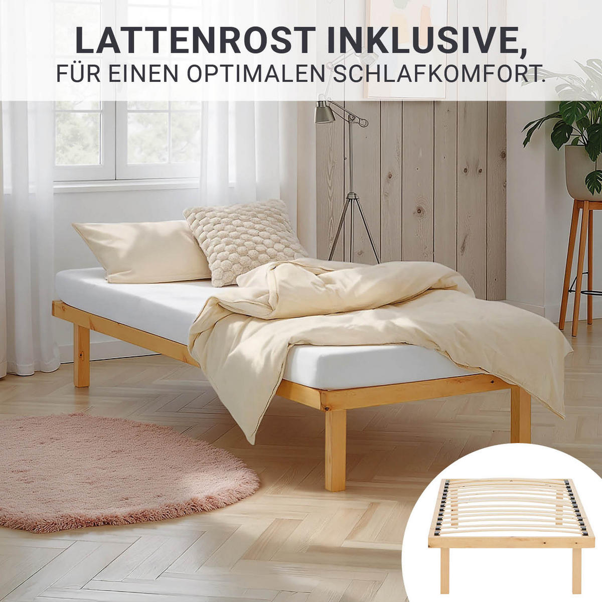 HOLZBETT 90/200 cm natur + Matratze - Naturfarben, Holz/Textil (90/200cm) - Homestyle4u
